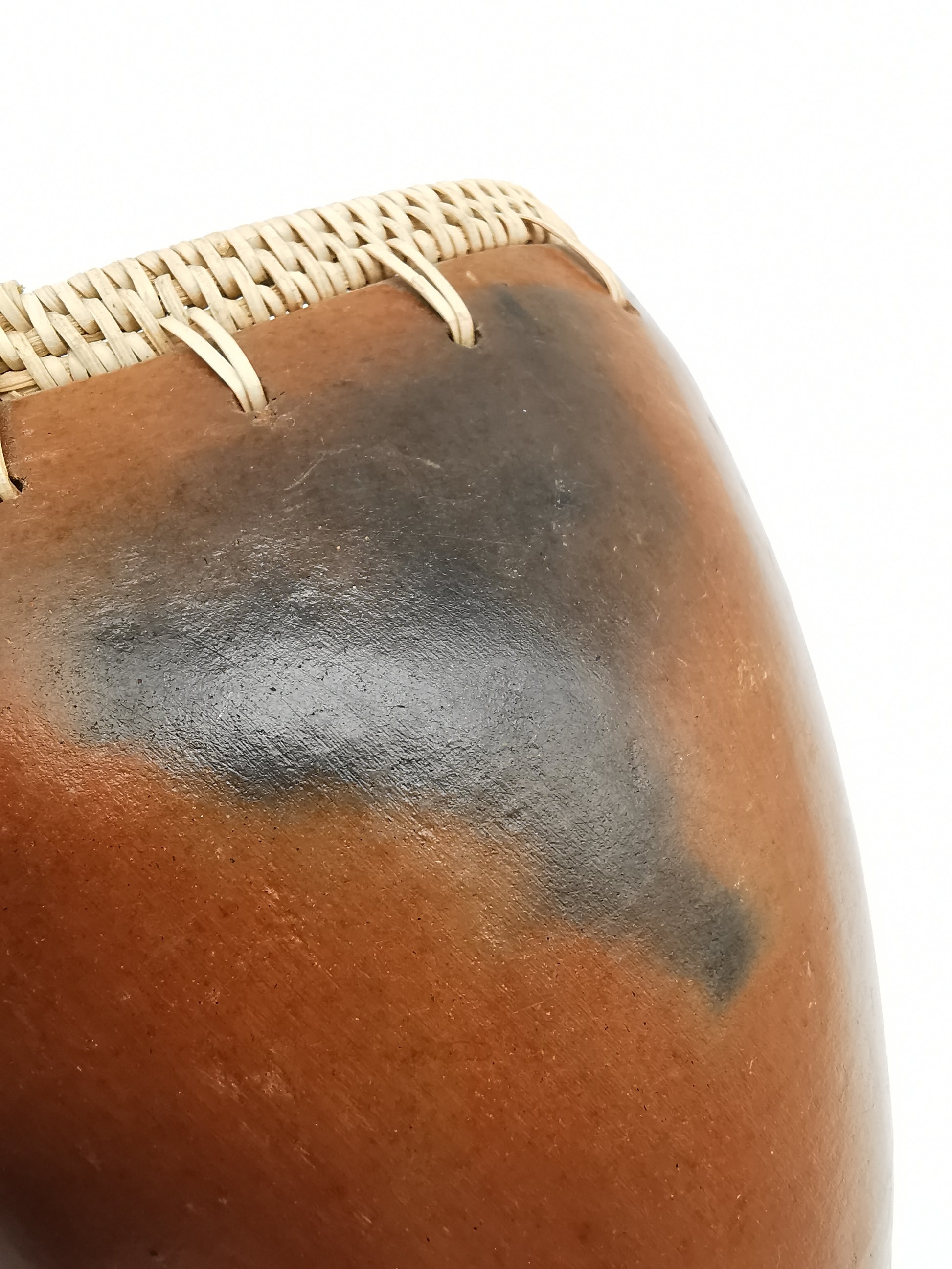 Vintage Lombok Sasak Pottery Vessel - Woven Rattan Rim, Pit-Fired Terracotta
