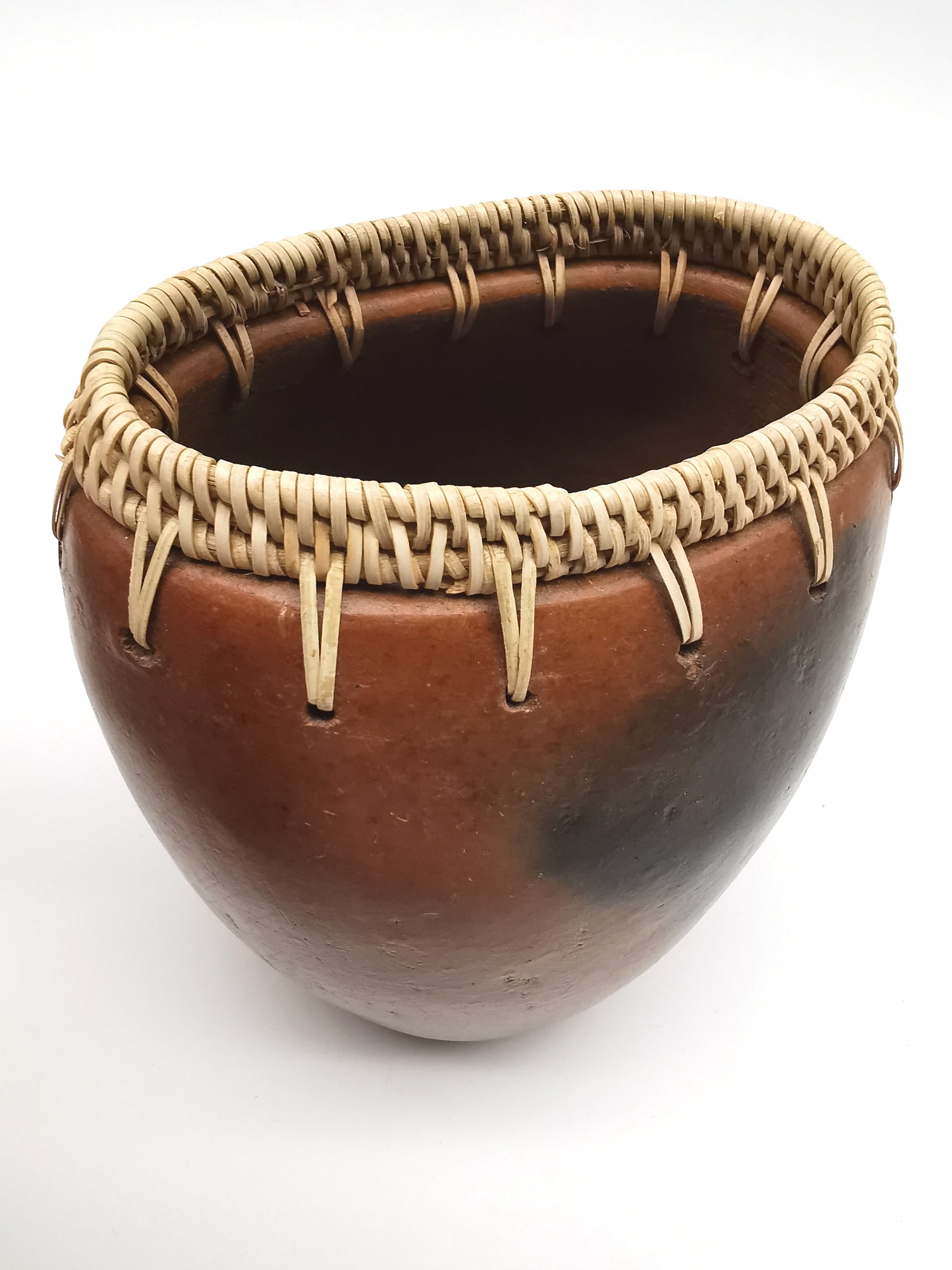 Vintage Lombok Sasak Pottery Vessel - Woven Rattan Rim, Pit-Fired Terracotta
