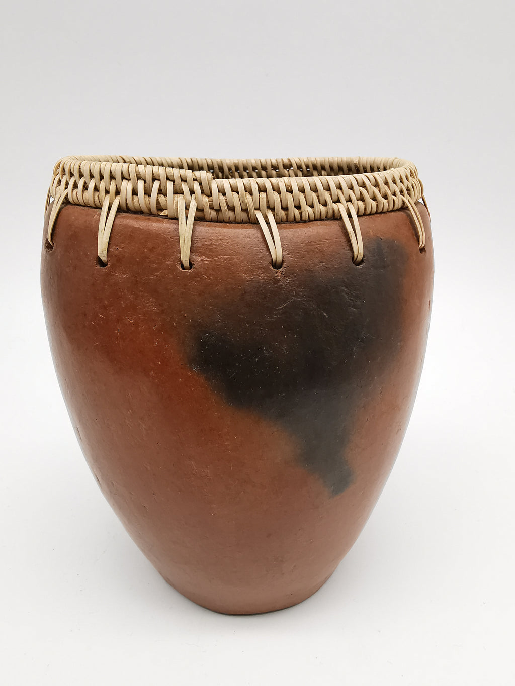 Vintage Lombok Sasak Pottery Vessel - Woven Rattan Rim, Pit-Fired Terracotta