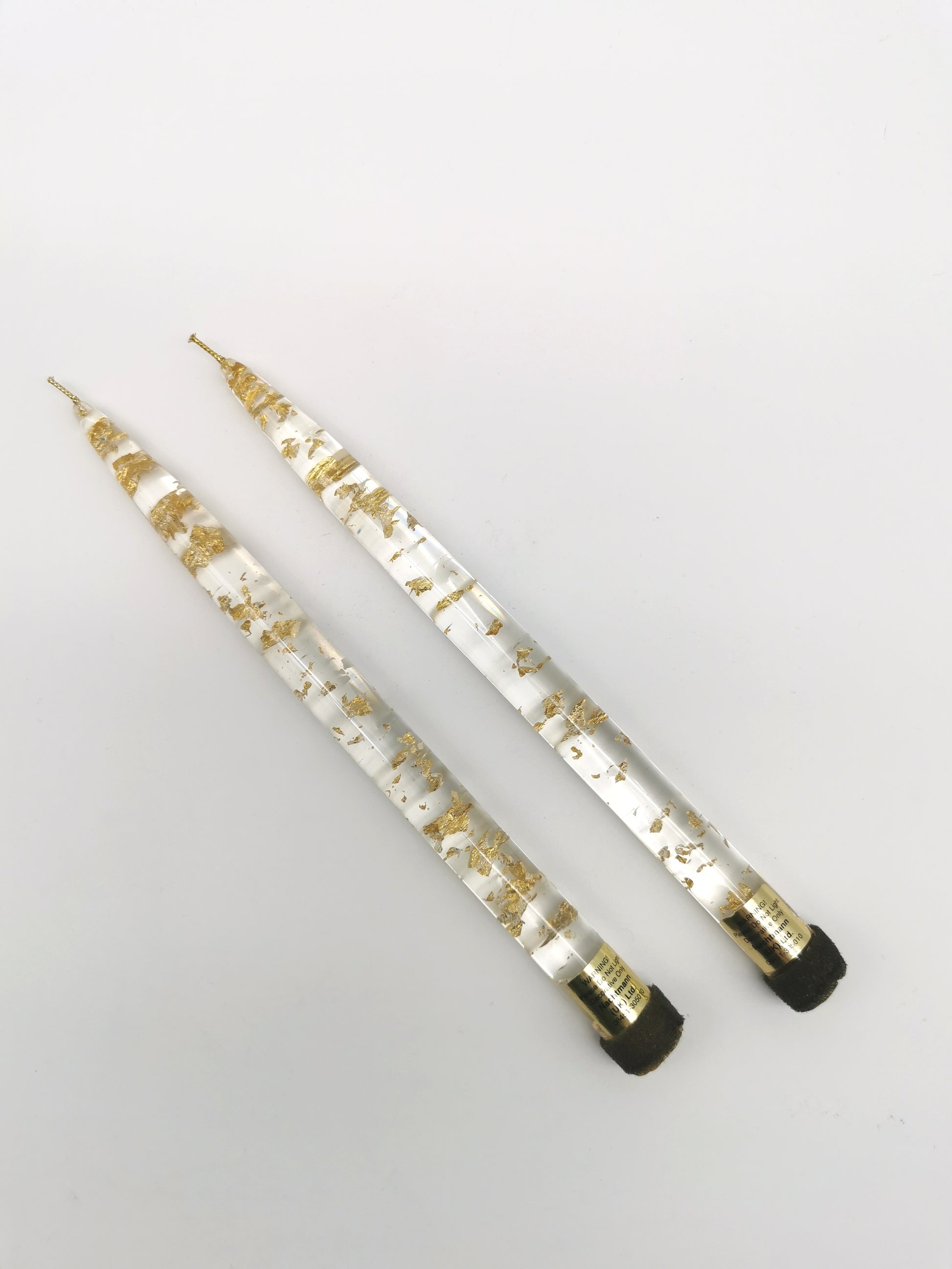 Vintage Nachtmann Lucite Taper Candles /Mid-Century Clear Acrylic & Gold Flake Decorative Candles - Pair