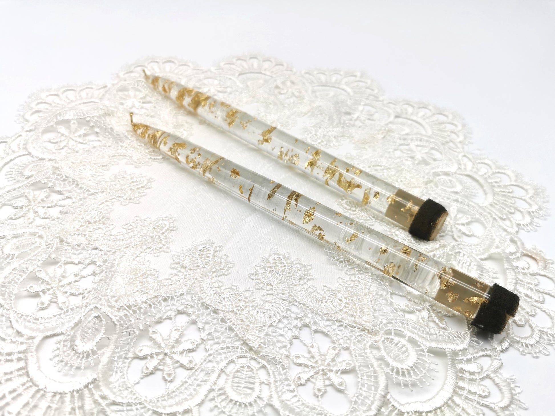 Vintage Nachtmann Lucite Taper Candles /Mid-Century Clear Acrylic & Gold Flake Decorative Candles - Pair
