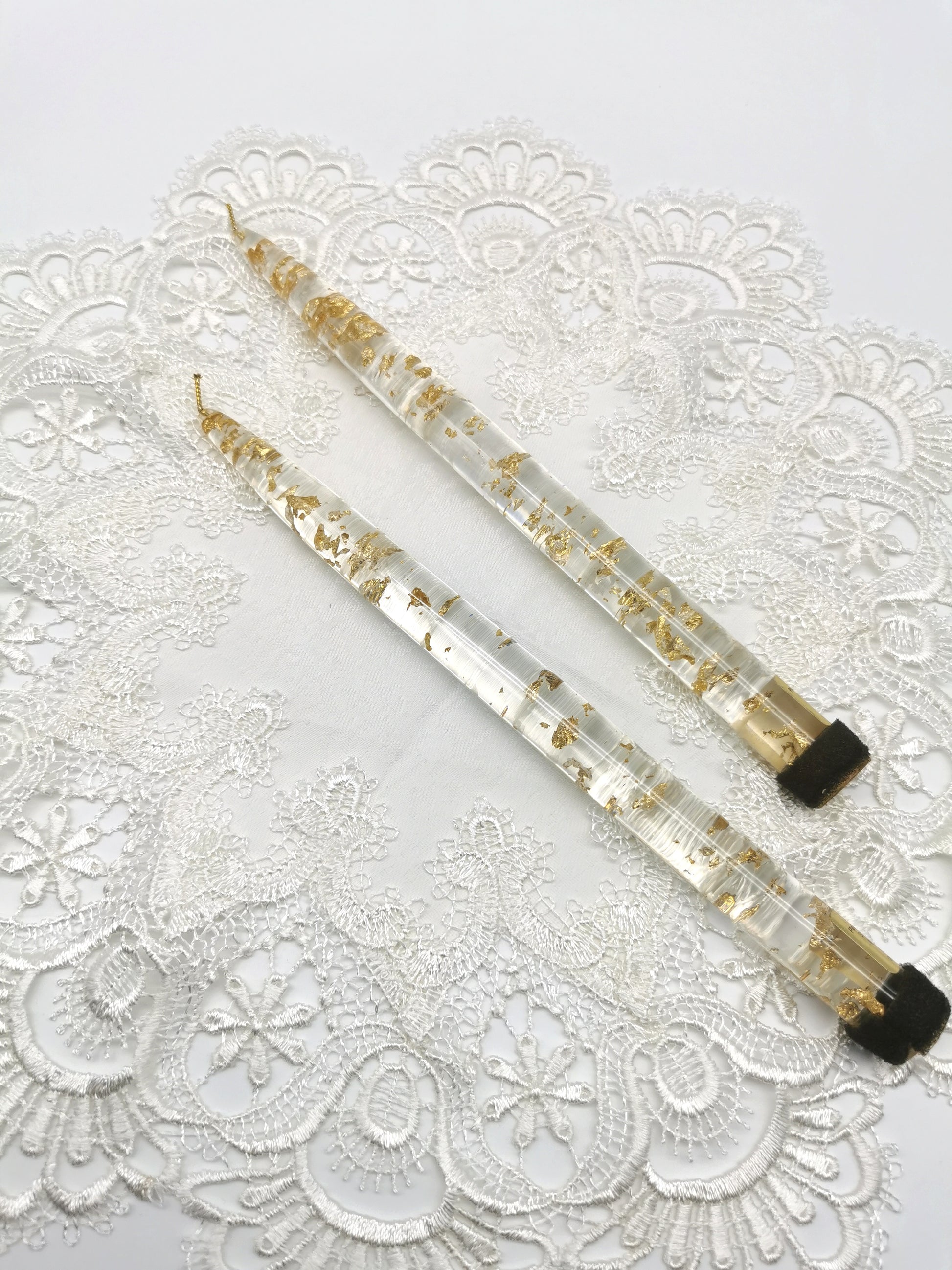 Vintage Nachtmann Lucite Taper Candles /Mid-Century Clear Acrylic & Gold Flake Decorative Candles - Pair