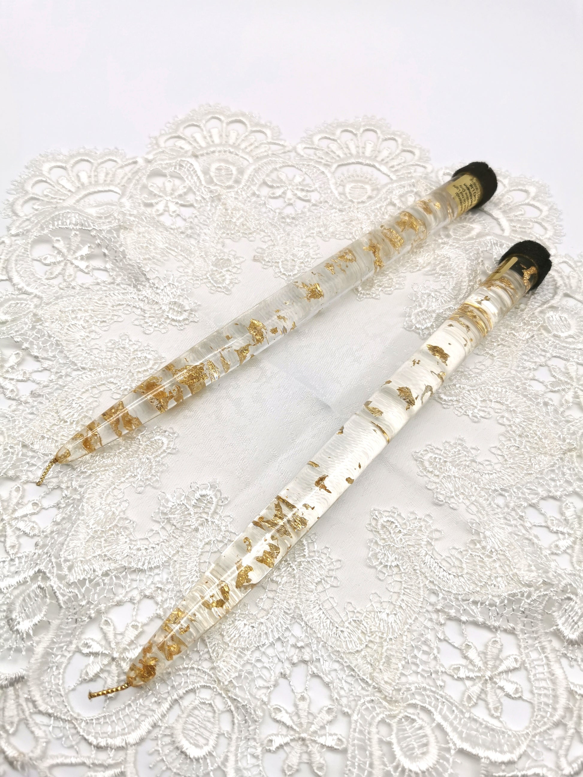 Vintage Nachtmann Lucite Taper Candles /Mid-Century Clear Acrylic & Gold Flake Decorative Candles - Pair