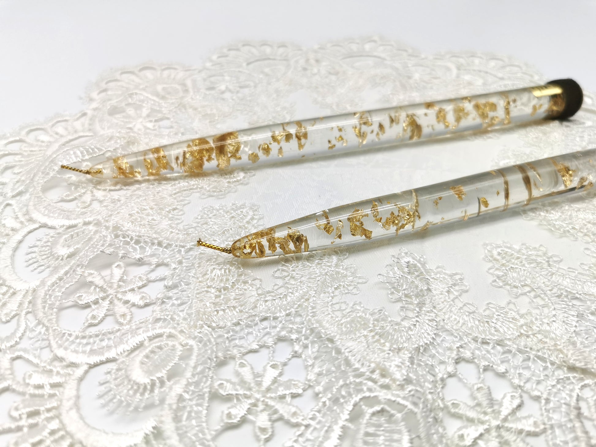 Vintage Nachtmann Lucite Taper Candles /Mid-Century Clear Acrylic & Gold Flake Decorative Candles - Pair