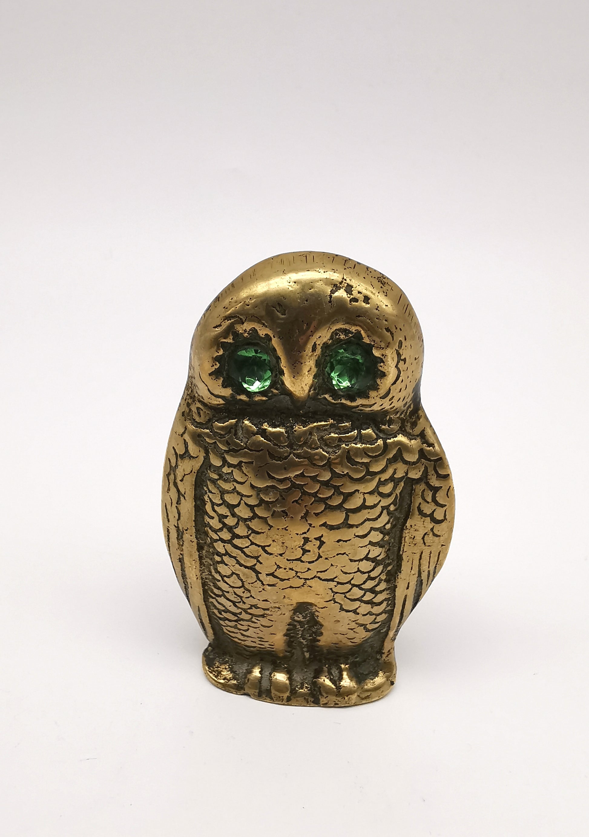 Antique Victorian Brass Owl Vesta Spill Holder - Match Pot Figurine with Green Glass Eyes