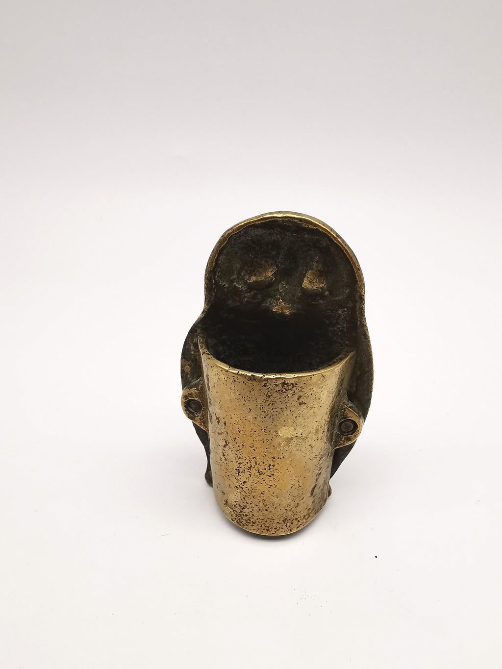 Antique Victorian Brass Owl Vesta Spill Holder - Match Pot Figurine with Green Glass Eyes