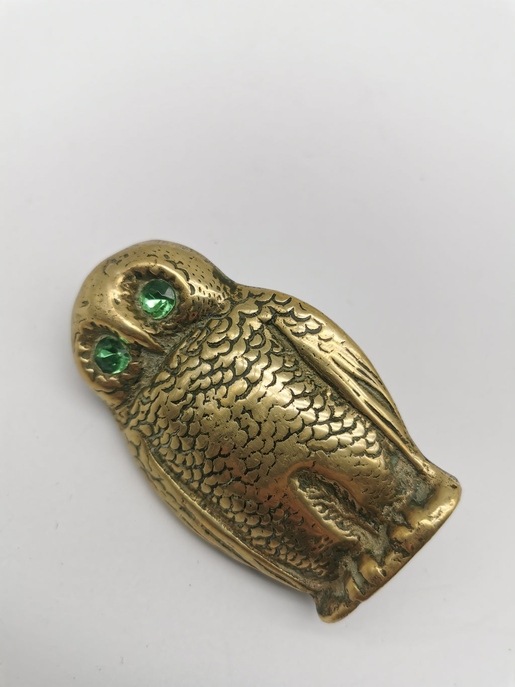 Antique Victorian Brass Owl Vesta Spill Holder - Match Pot Figurine with Green Glass Eyes