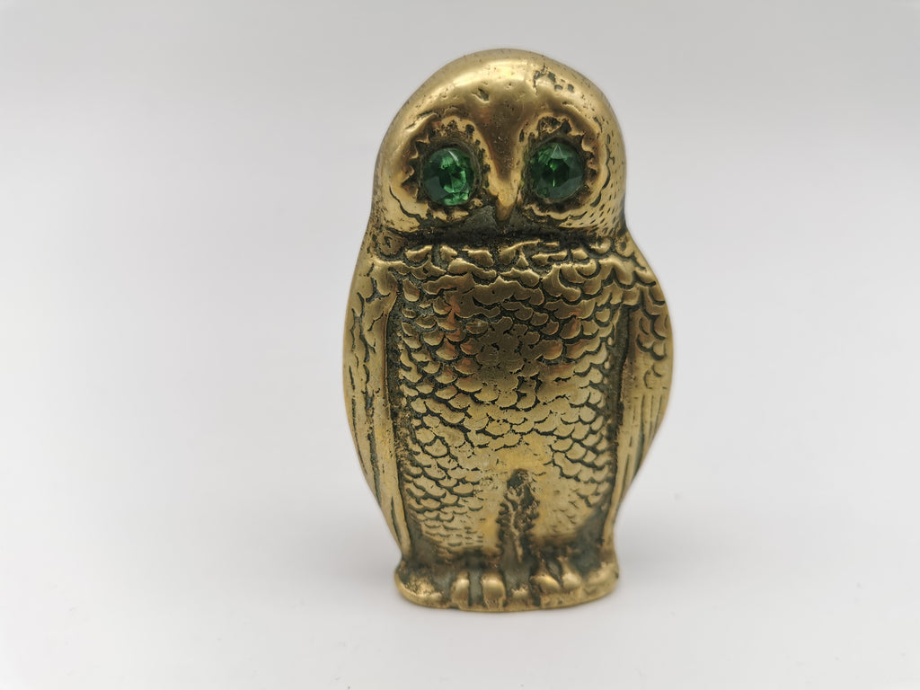 Antique Victorian Brass Owl Vesta Spill Holder - Match Pot Figurine with Green Glass Eyes