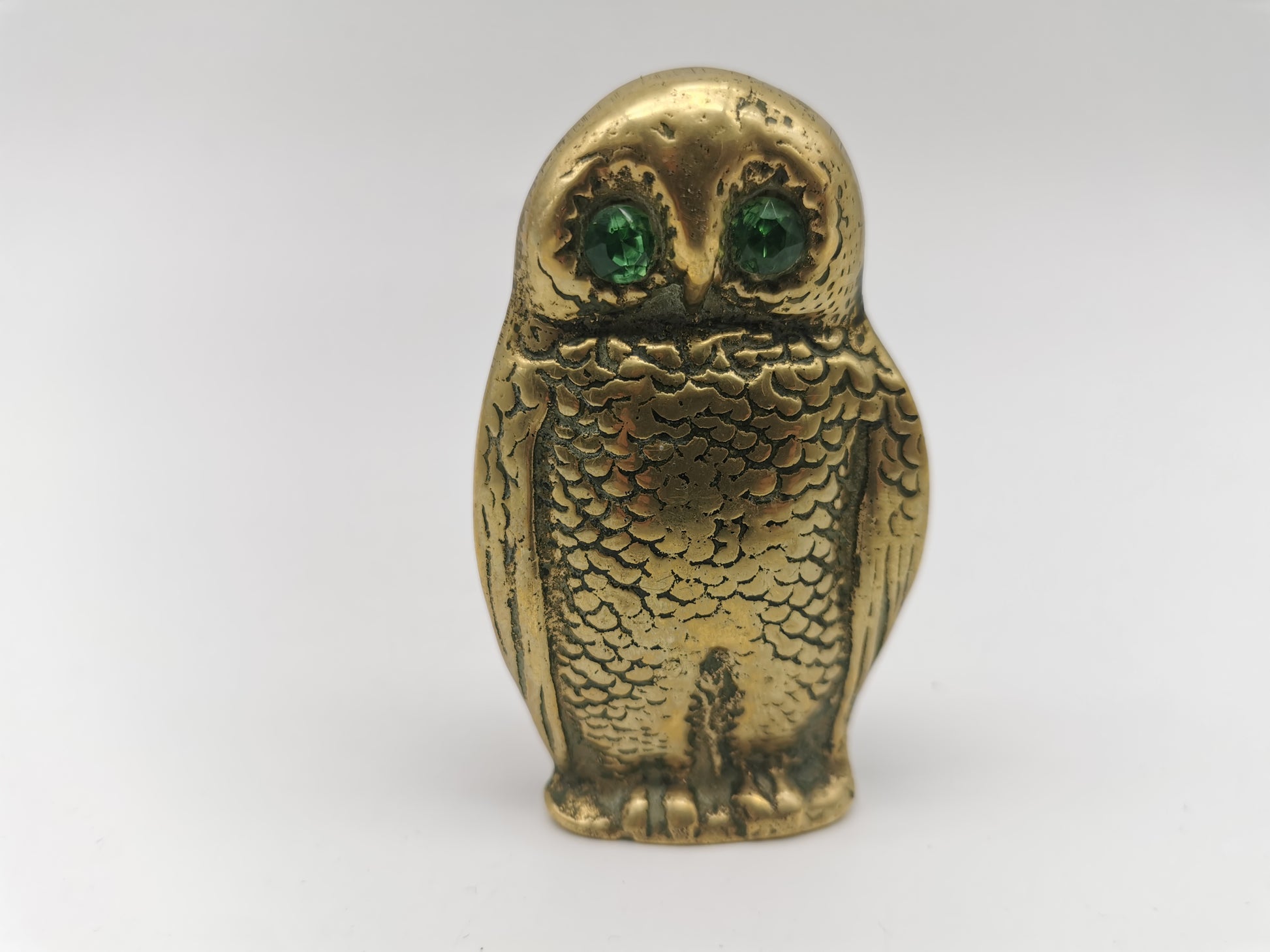Antique Victorian Brass Owl Vesta Spill Holder - Match Pot Figurine with Green Glass Eyes
