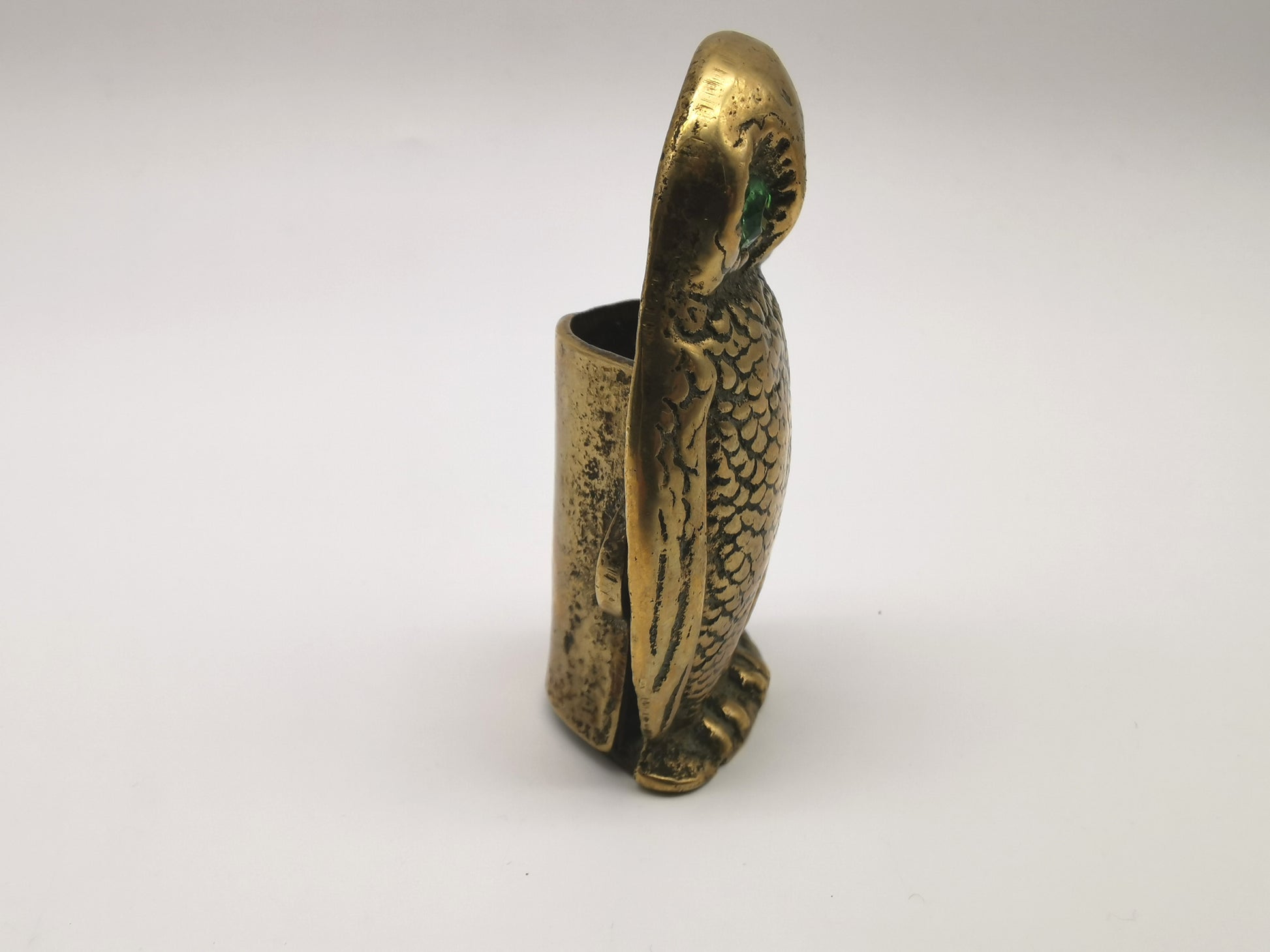 Antique Victorian Brass Owl Vesta Spill Holder - Match Pot Figurine with Green Glass Eyes