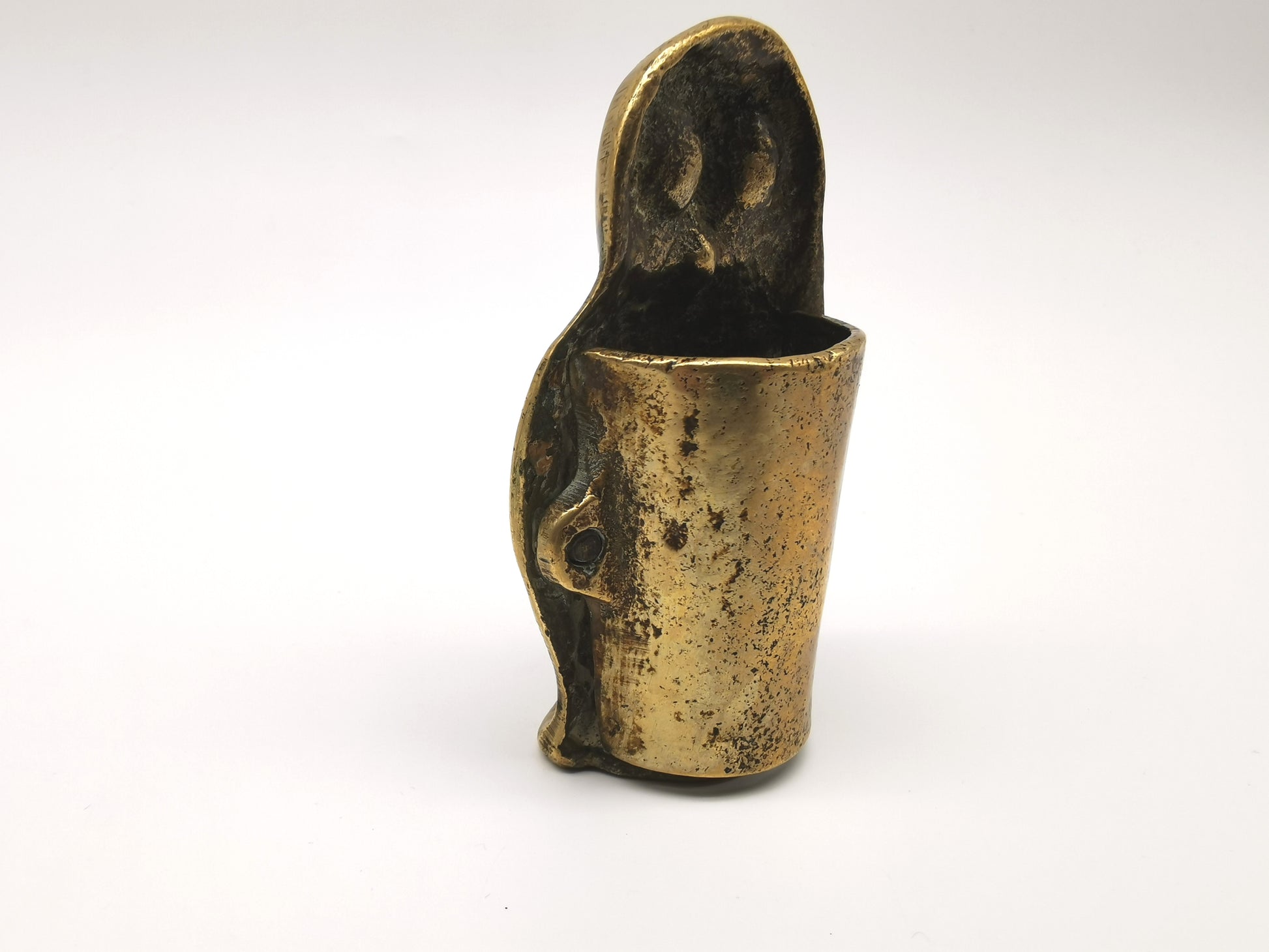 Antique Victorian Brass Owl Vesta Spill Holder - Match Pot Figurine with Green Glass Eyes