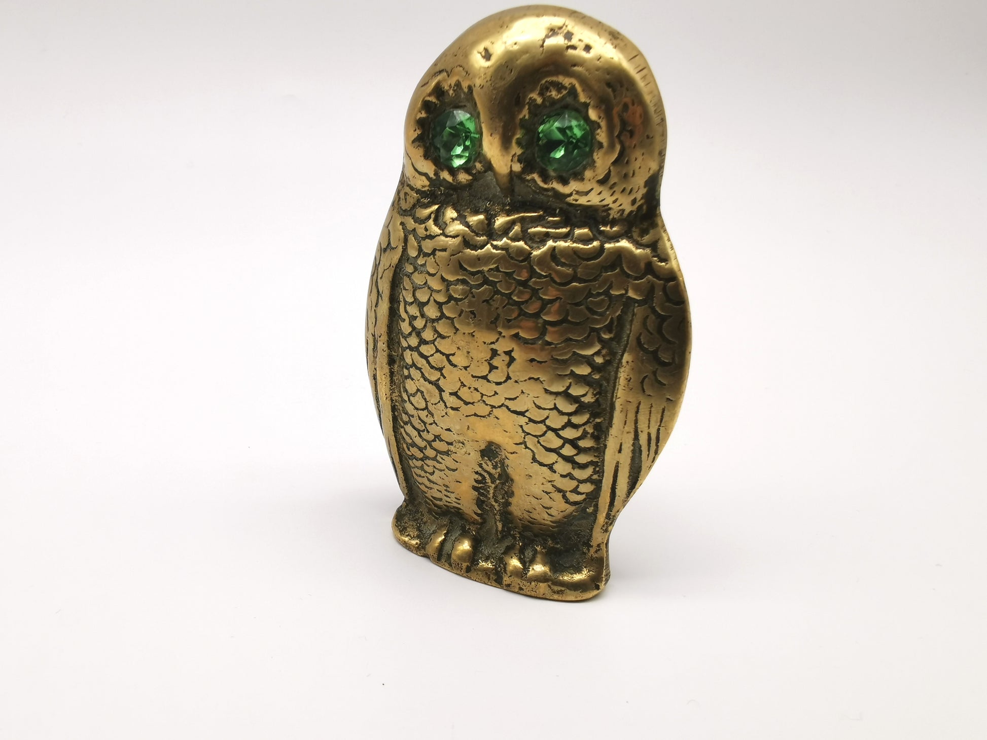 Antique Victorian Brass Owl Vesta Spill Holder - Match Pot Figurine with Green Glass Eyes