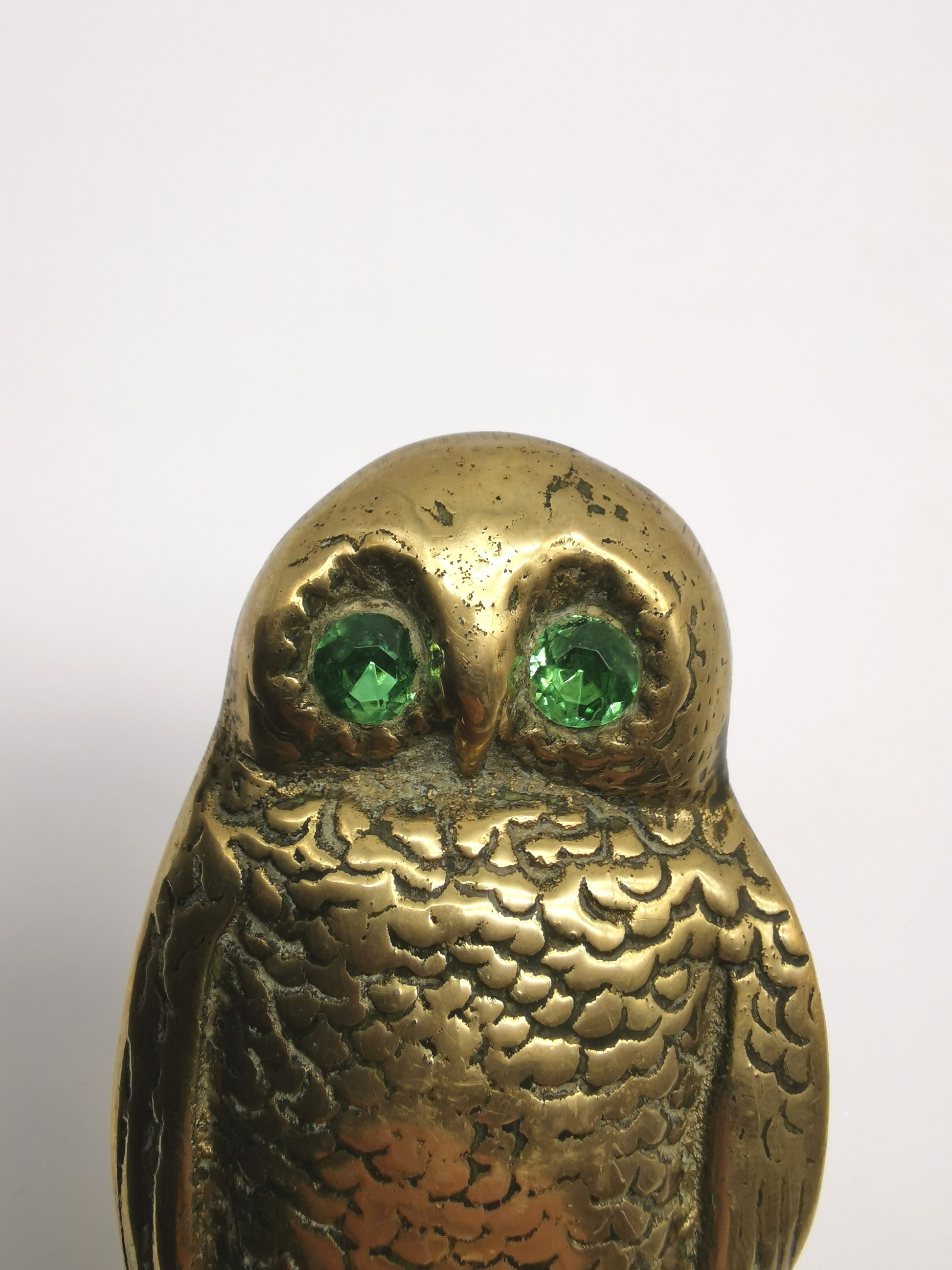 Antique Victorian Brass Owl Vesta Spill Holder - Match Pot Figurine with Green Glass Eyes