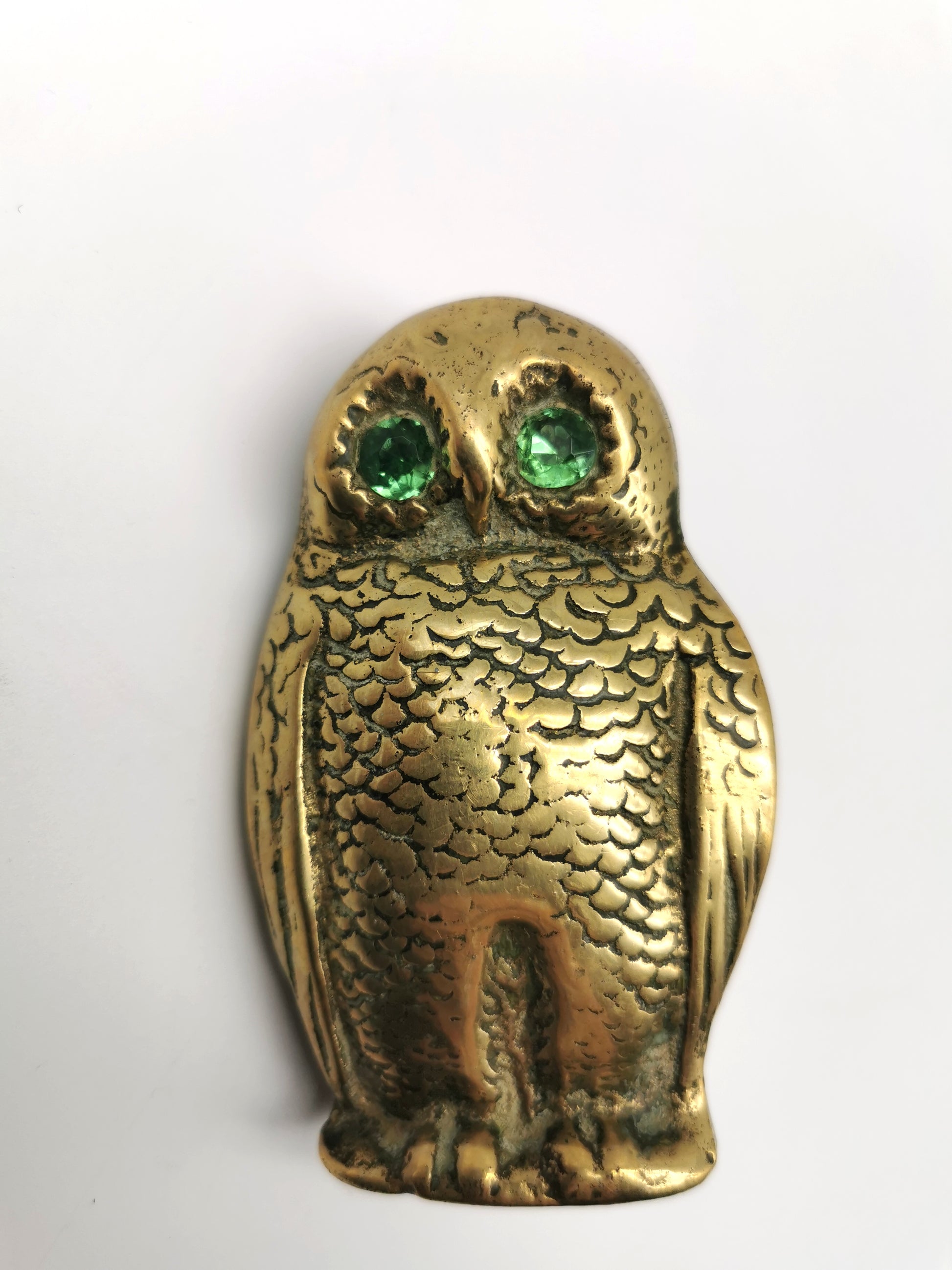 Antique Victorian Brass Owl Vesta Spill Holder - Match Pot Figurine with Green Glass Eyes