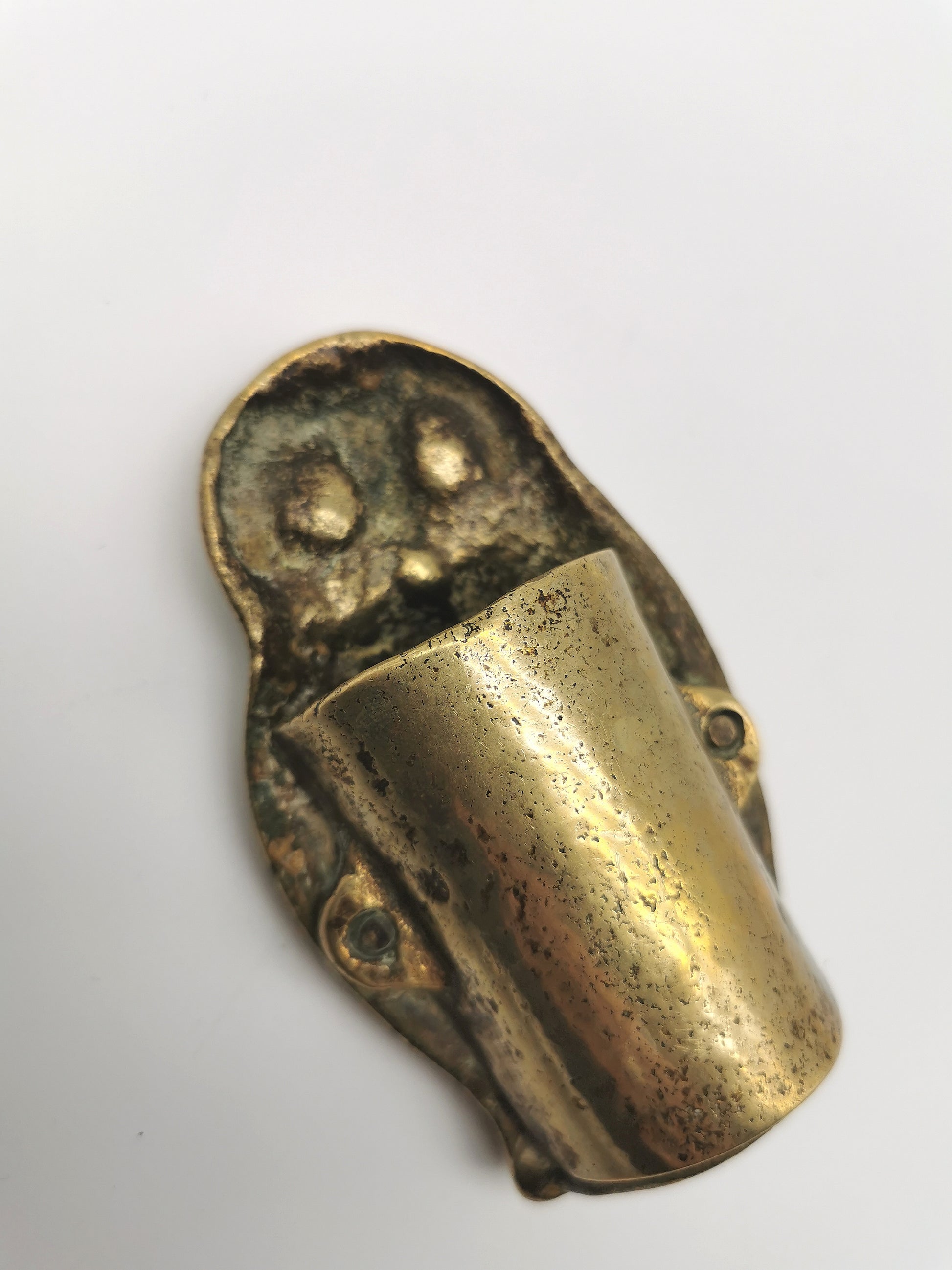 Antique Victorian Brass Owl Vesta Spill Holder - Match Pot Figurine with Green Glass Eyes