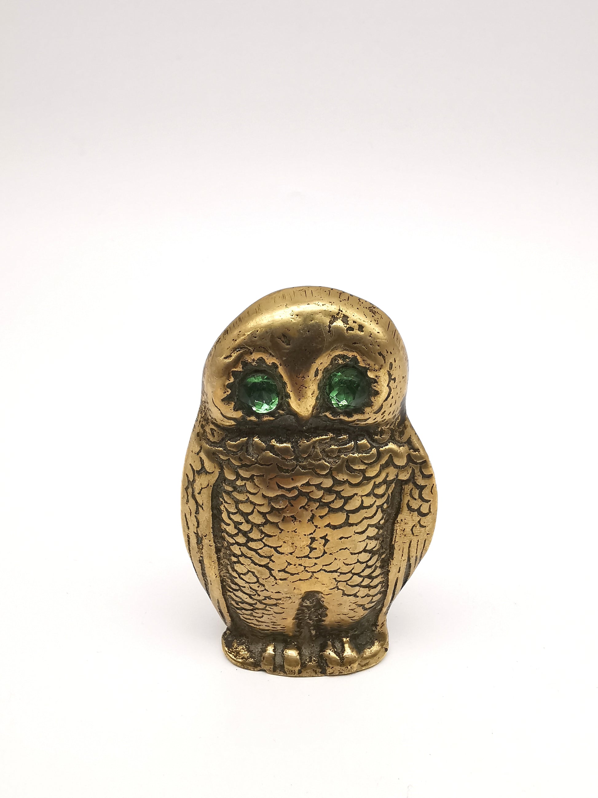 Antique Victorian Brass Owl Vesta Spill Holder - Match Pot Figurine with Green Glass Eyes