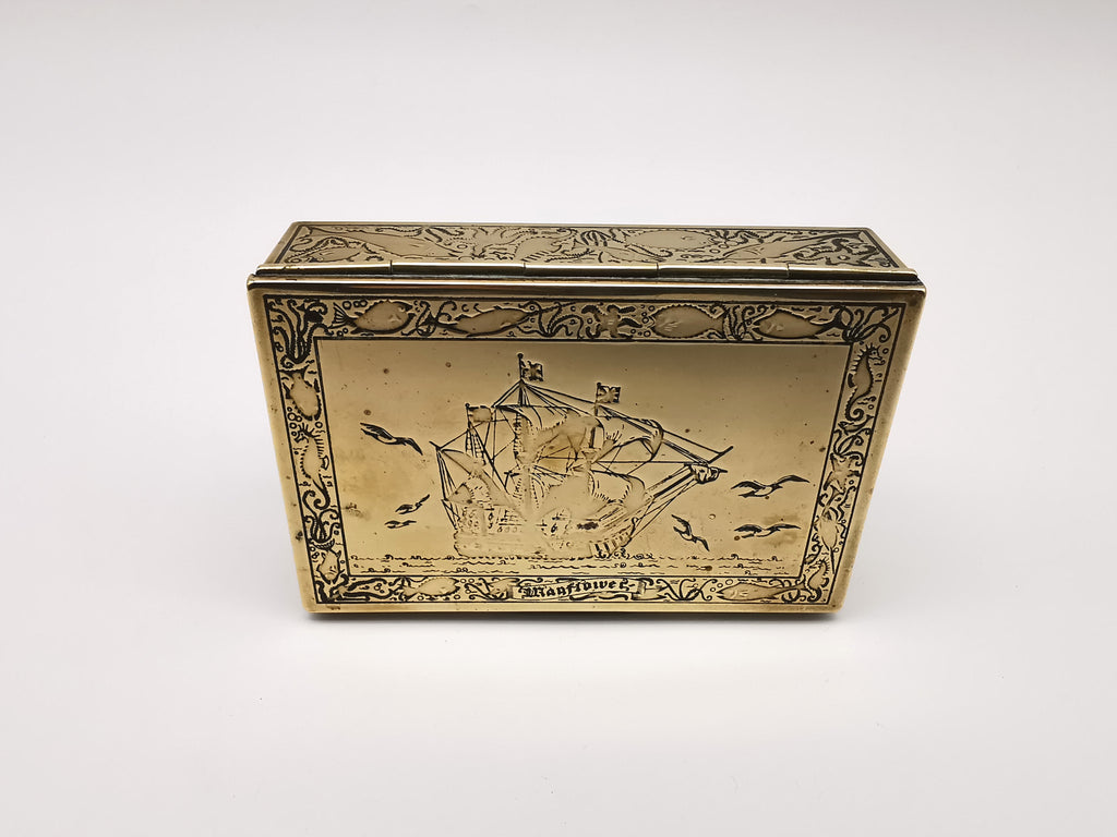 Vintage Brass Repoussé Mayflower Galleon Trinket Box Wood Lined Nautical/ Sea Creatures