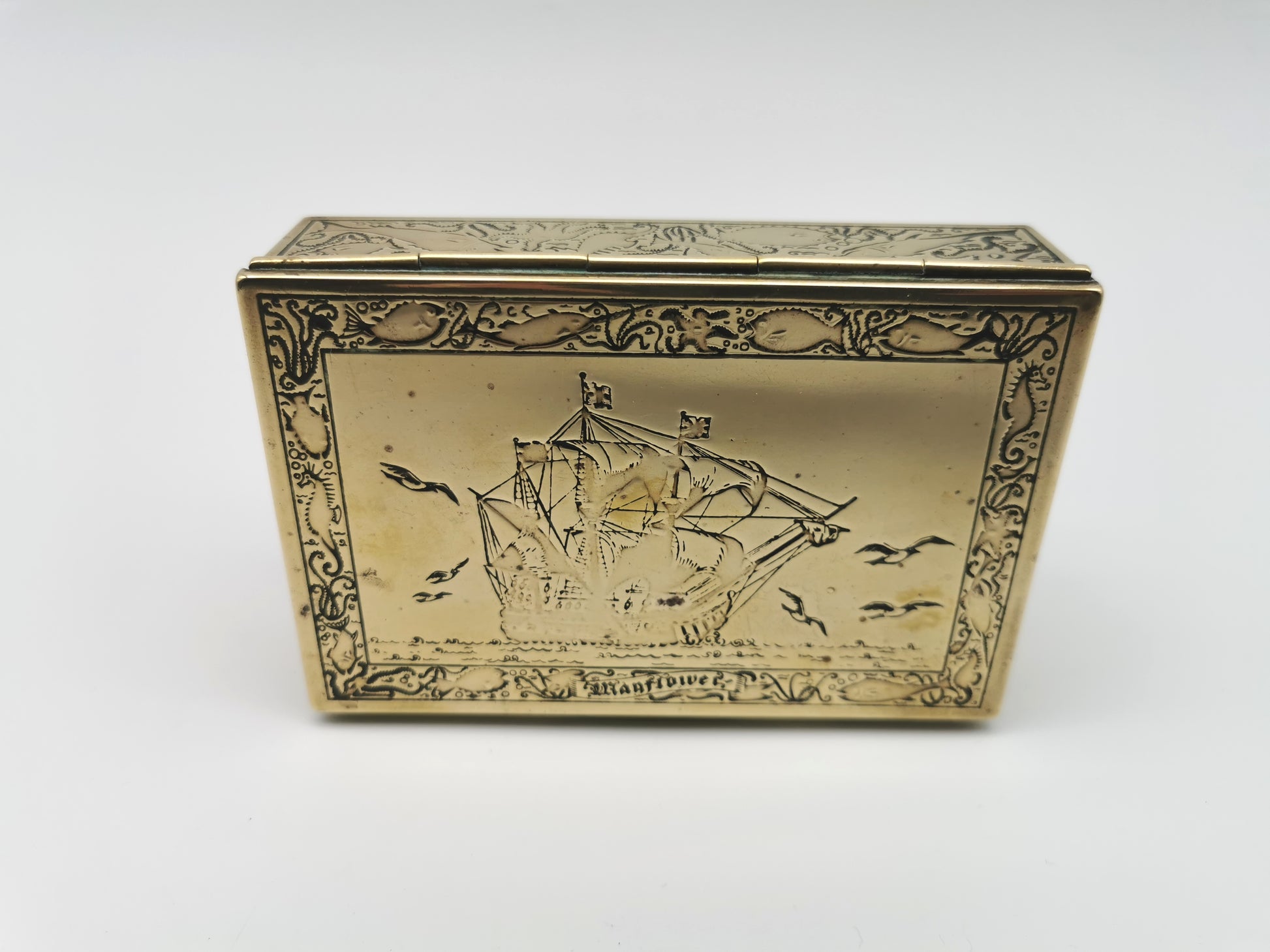 Vintage Brass Repoussé Mayflower Galleon Trinket Box Wood Lined Nautical/ Sea Creatures