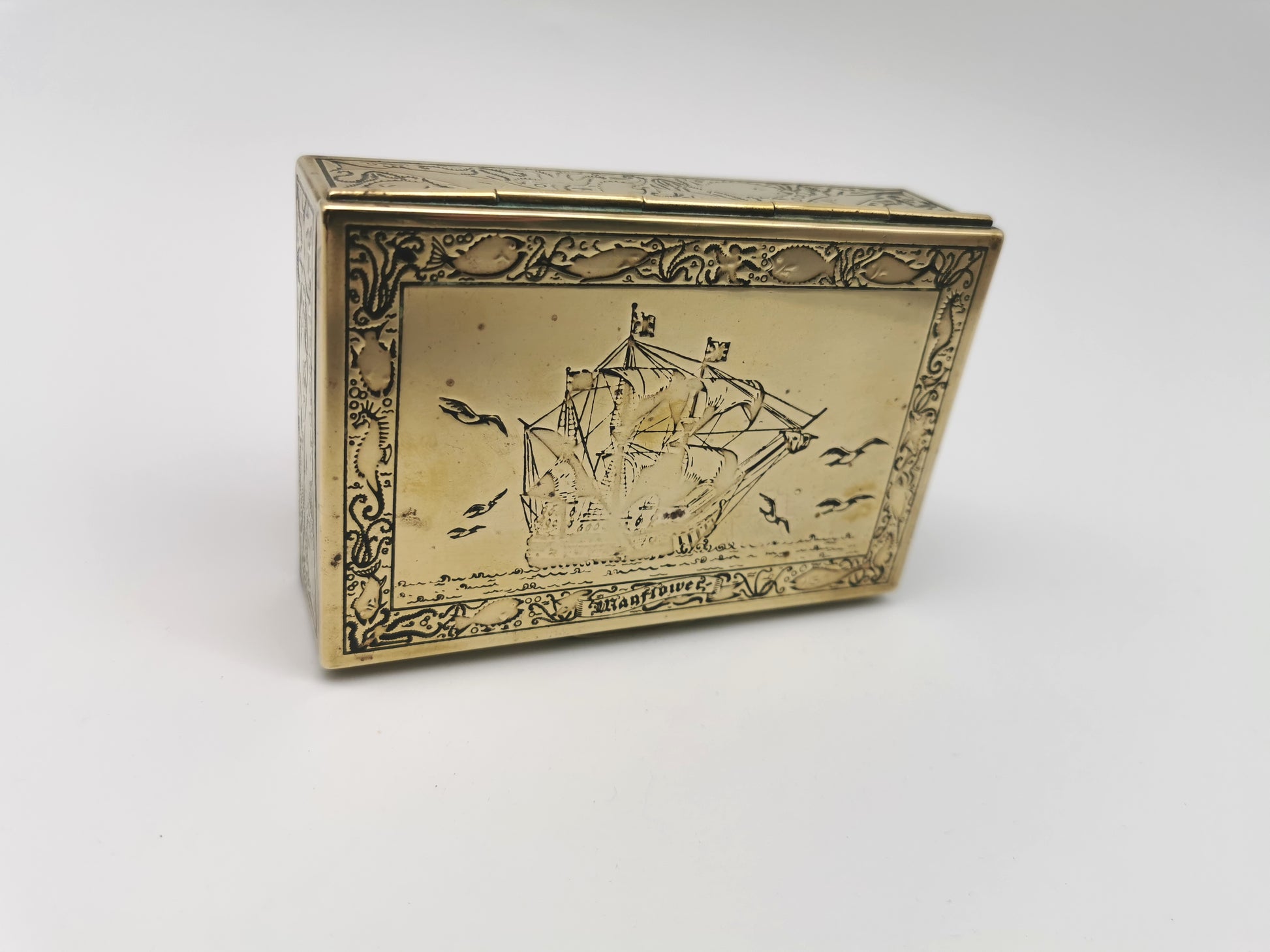 Vintage Brass Repoussé Mayflower Galleon Trinket Box Wood Lined Nautical/ Sea Creatures