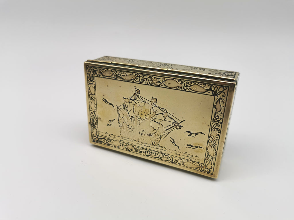 Vintage Brass Repoussé Mayflower Galleon Trinket Box Wood Lined Nautical/ Sea Creatures