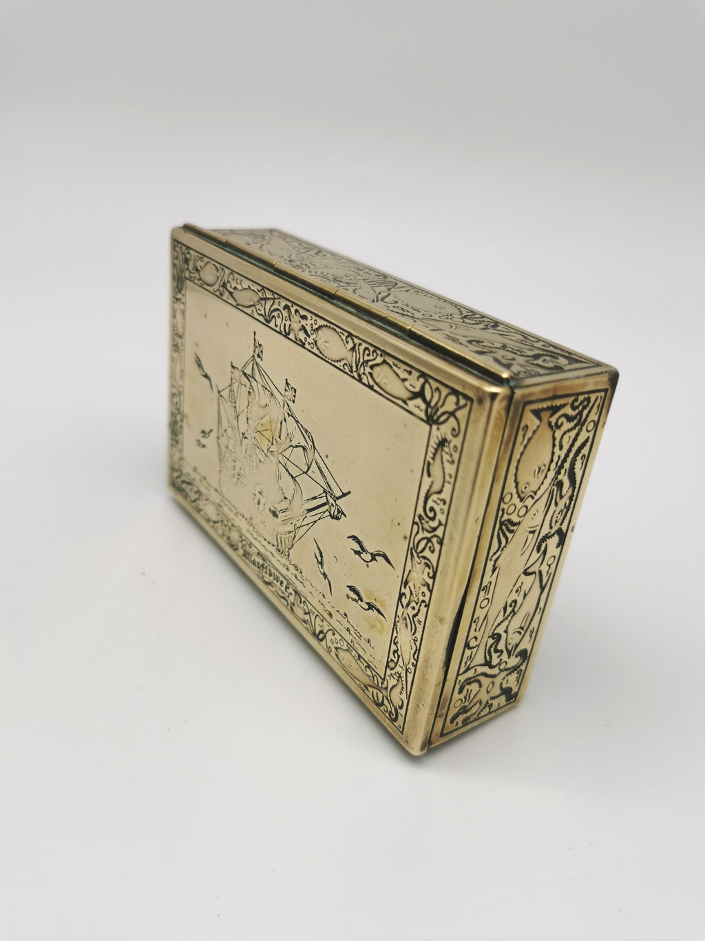 Vintage Brass Repoussé Mayflower Galleon Trinket Box Wood Lined Nautical/ Sea Creatures