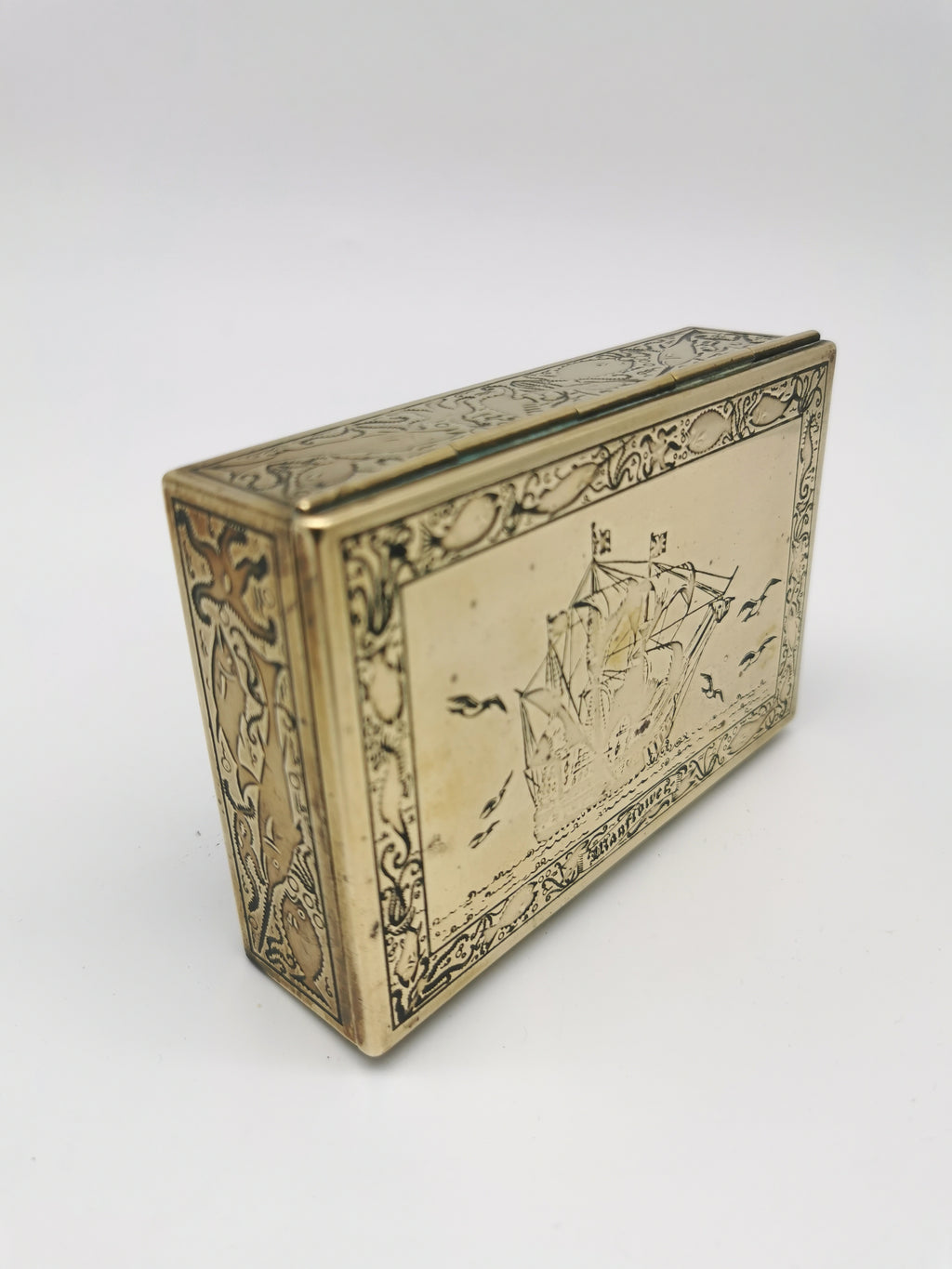 Vintage Brass Repoussé Mayflower Galleon Trinket Box Wood Lined Nautical/ Sea Creatures