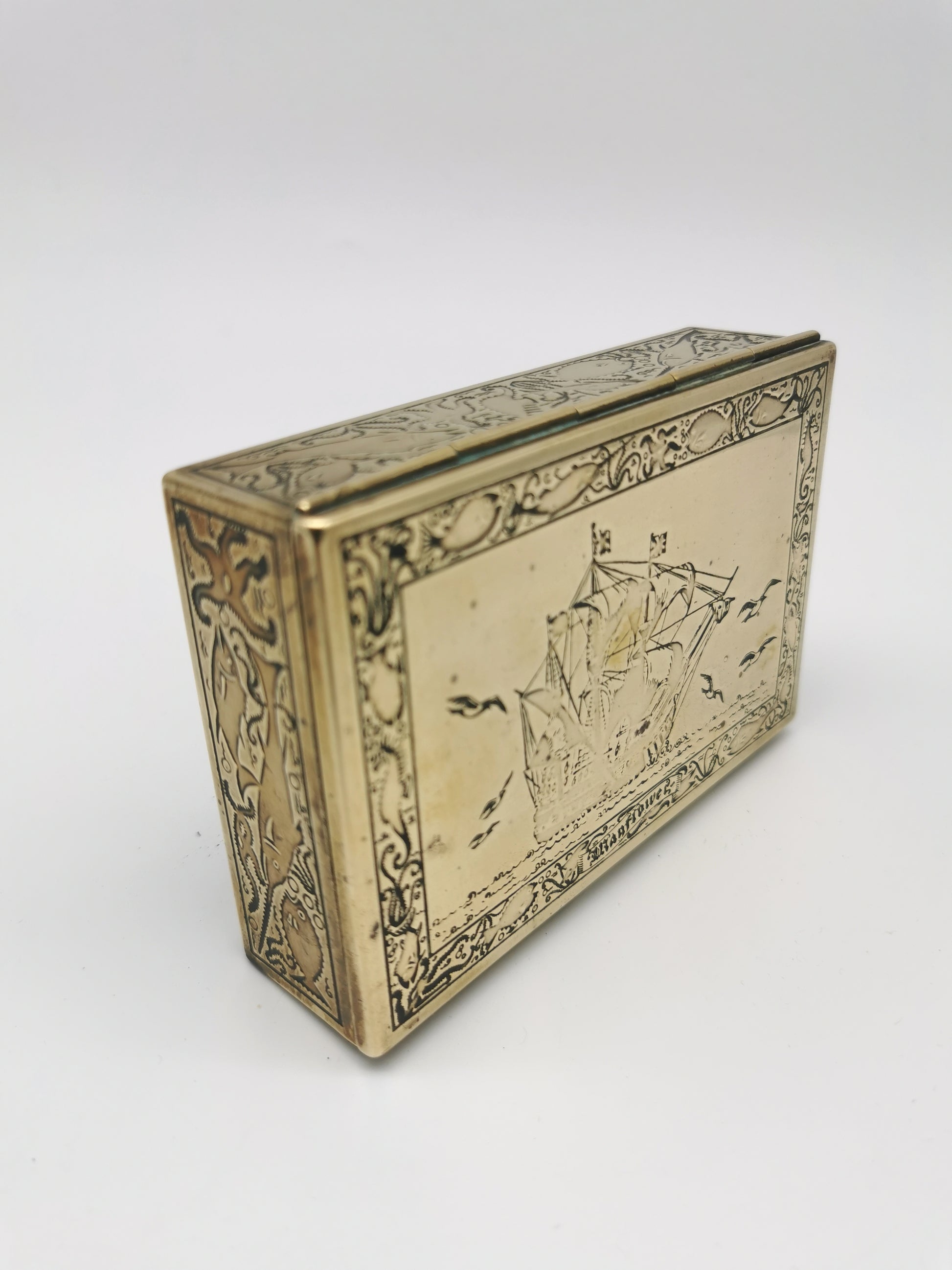 Vintage Brass Repoussé Mayflower Galleon Trinket Box Wood Lined Nautical/ Sea Creatures