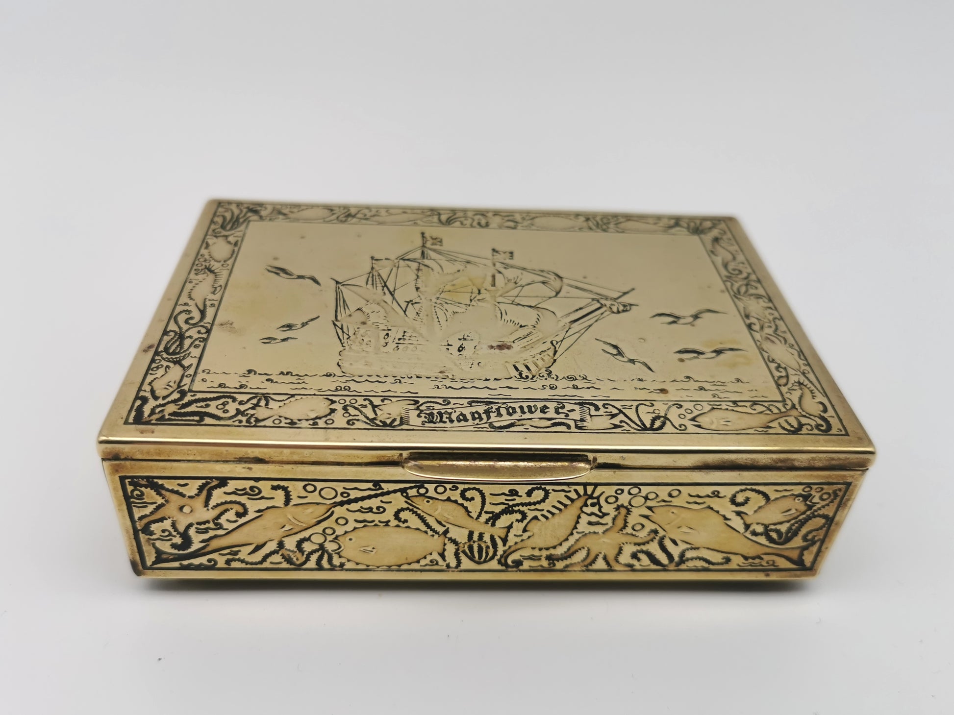 Vintage Brass Repoussé Mayflower Galleon Trinket Box Wood Lined Nautical/ Sea Creatures
