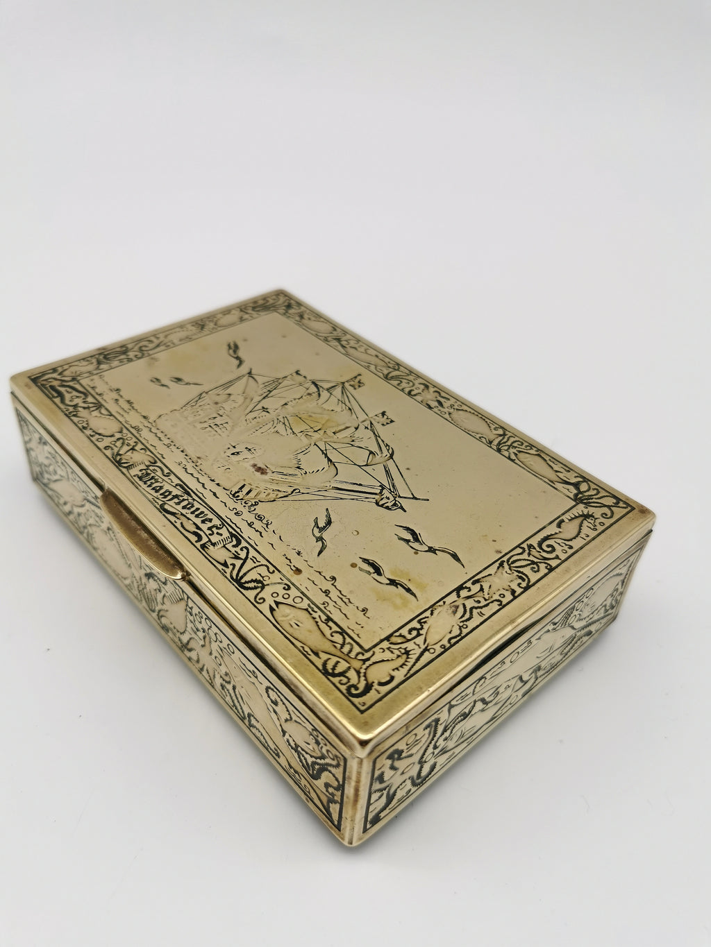 Vintage Brass Repoussé Mayflower Galleon Trinket Box Wood Lined Nautical/ Sea Creatures