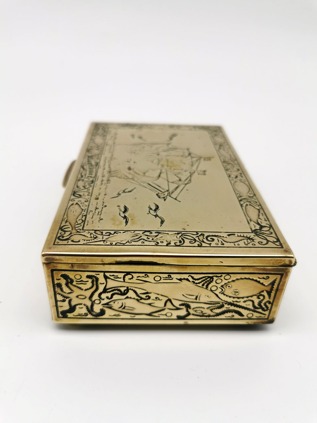 Vintage Brass Repoussé Mayflower Galleon Trinket Box Wood Lined Nautical/ Sea Creatures