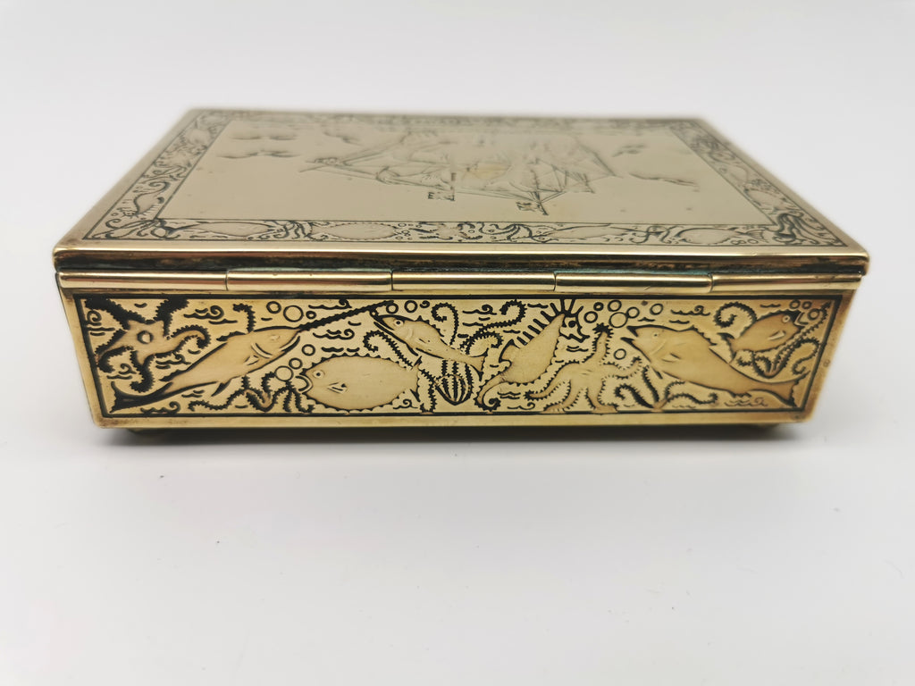 Vintage Brass Repoussé Mayflower Galleon Trinket Box Wood Lined Nautical/ Sea Creatures