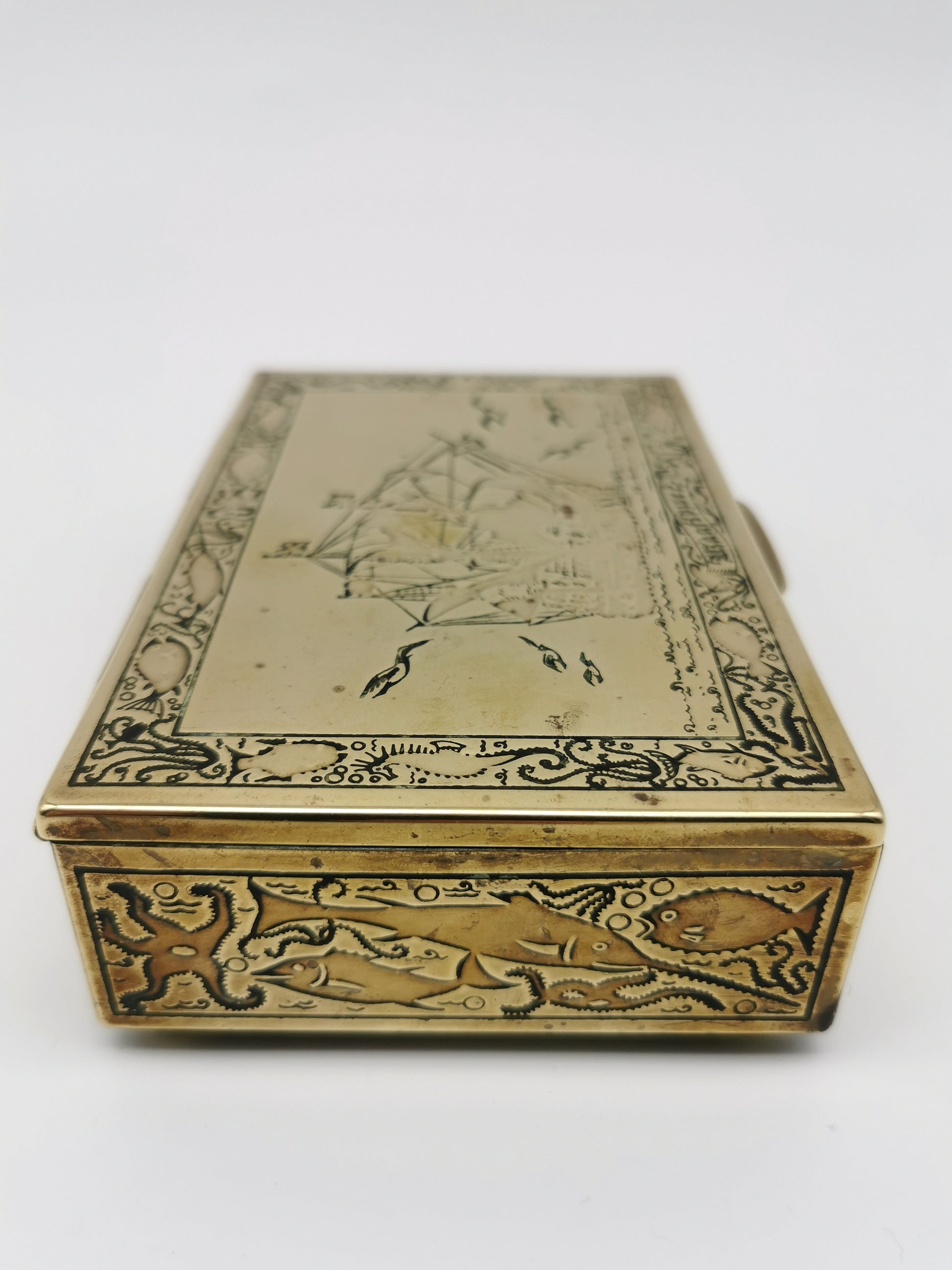 Vintage Brass Repoussé Mayflower Galleon Trinket Box Wood Lined Nautical/ Sea Creatures