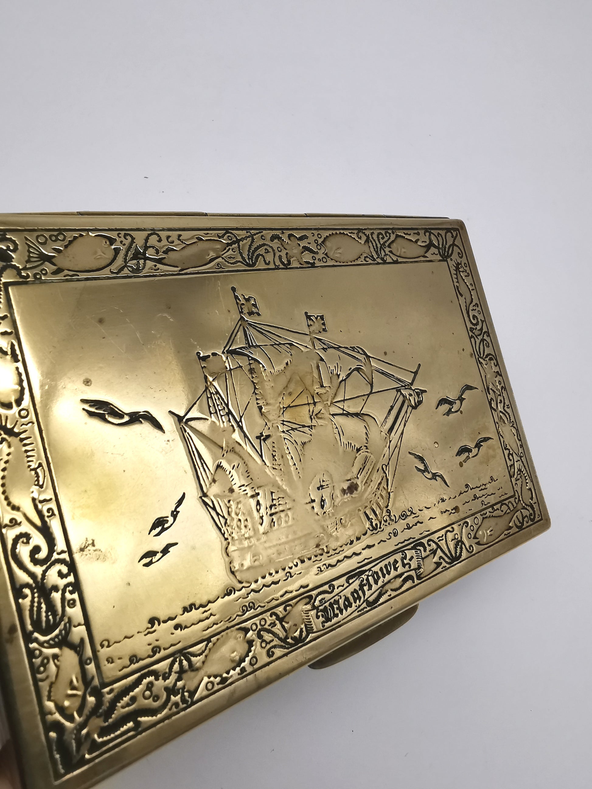 Vintage Brass Repoussé Mayflower Galleon Trinket Box Wood Lined Nautical/ Sea Creatures