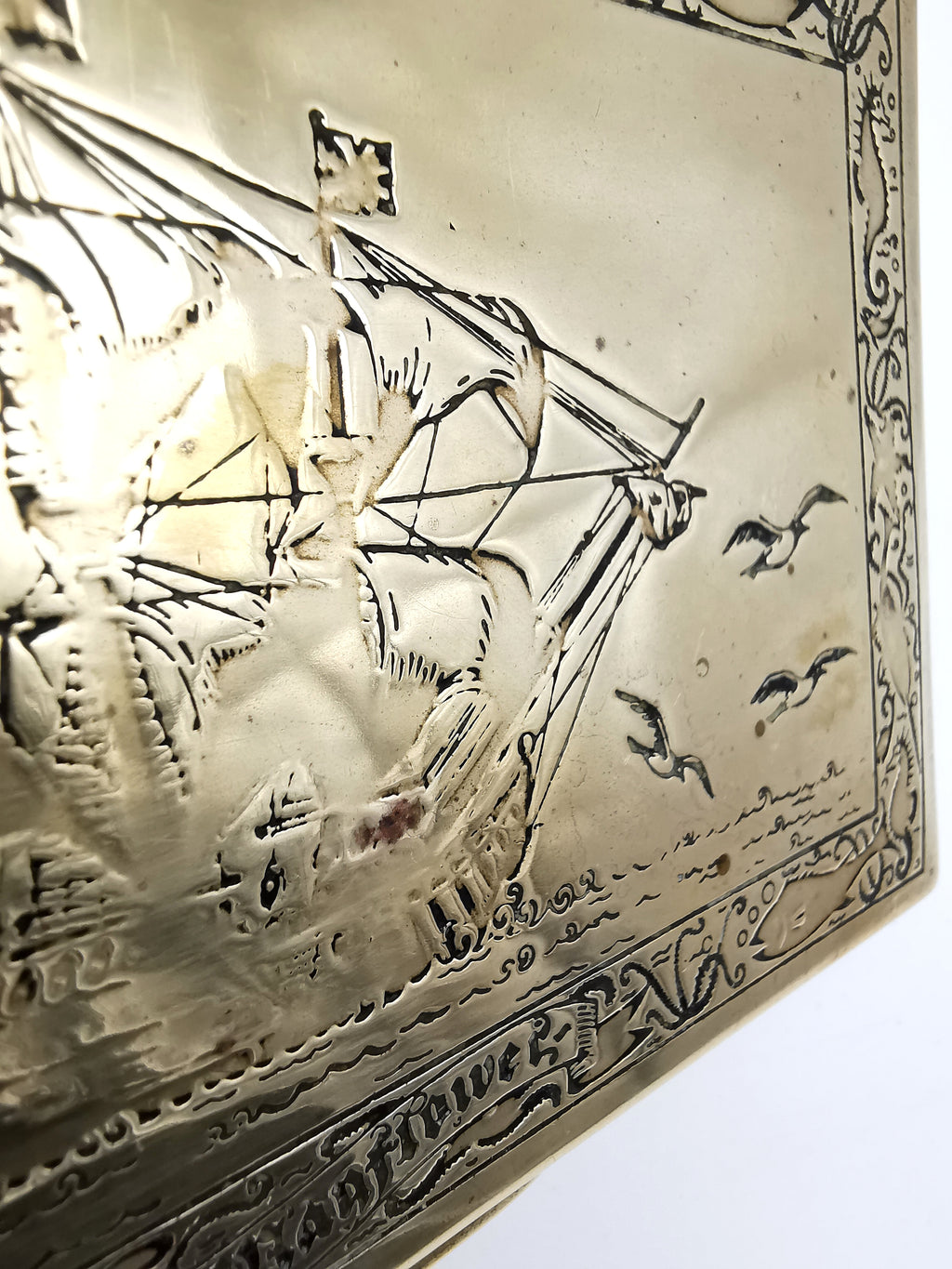 Vintage Brass Repoussé Mayflower Galleon Trinket Box Wood Lined Nautical/ Sea Creatures