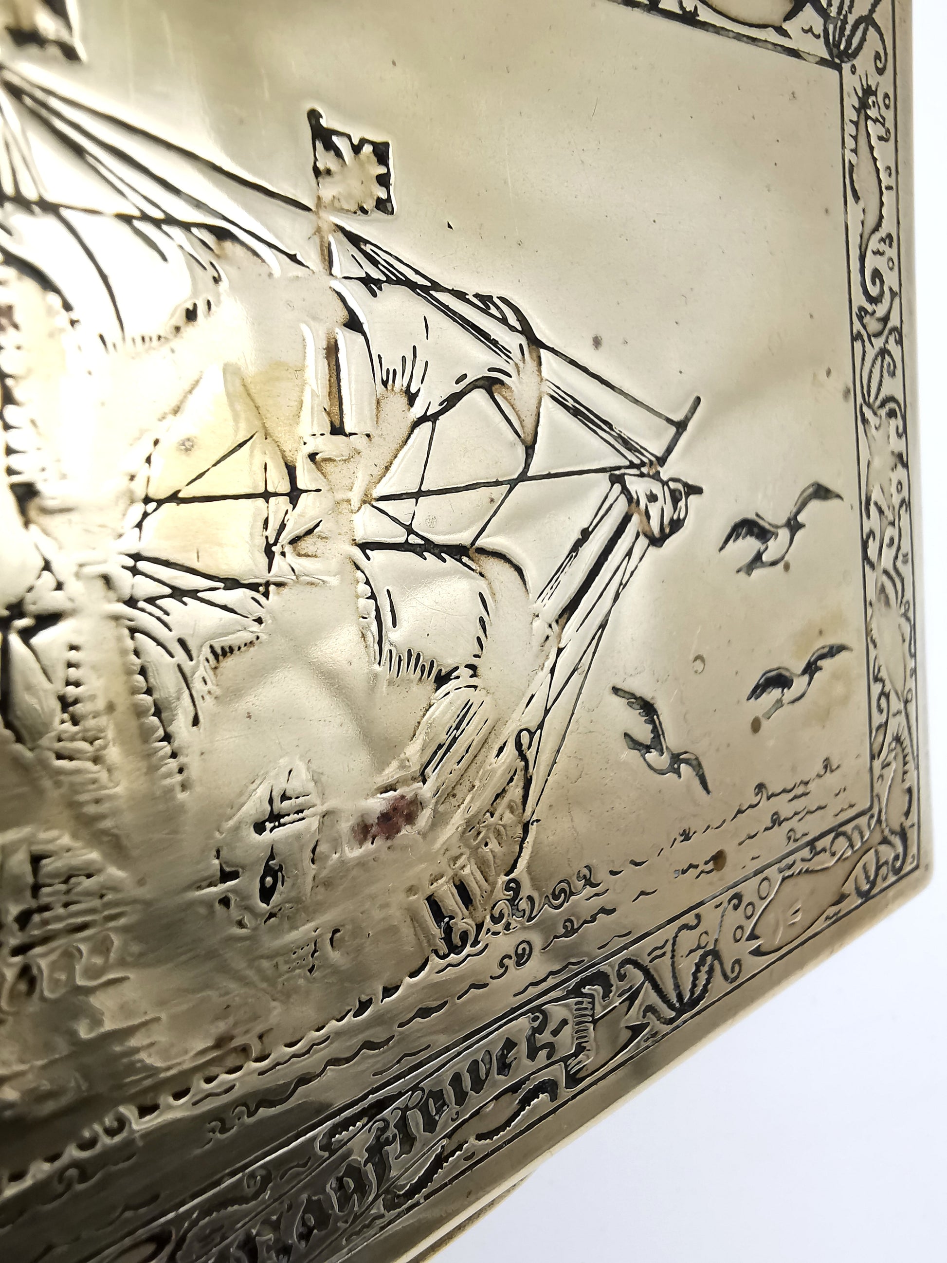 Vintage Brass Repoussé Mayflower Galleon Trinket Box Wood Lined Nautical/ Sea Creatures