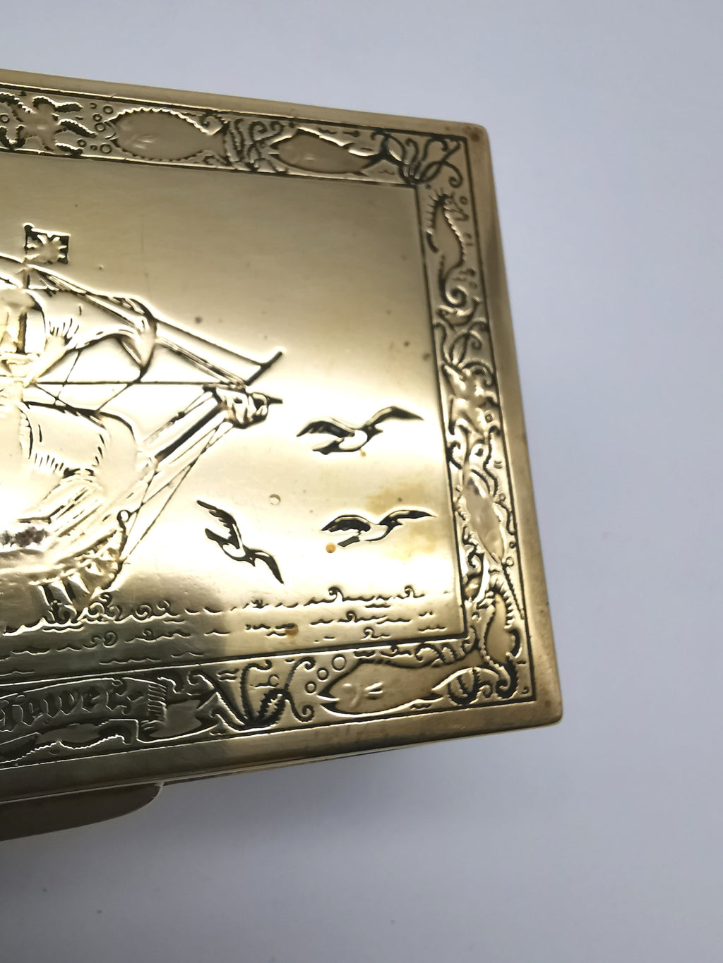 Vintage Brass Repoussé Mayflower Galleon Trinket Box Wood Lined Nautical/ Sea Creatures