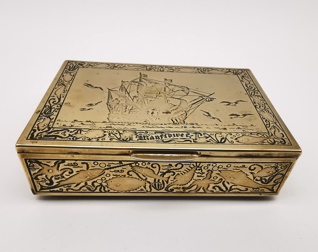 Vintage Brass Repoussé Mayflower Galleon Trinket Box Wood Lined Nautical/ Sea Creatures