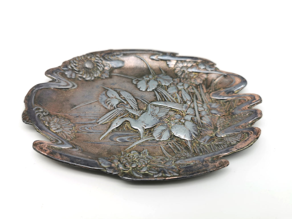 Antique Meiji/Taishō Japanese Antimony Trinket Tray – Cranes and Iris Relief