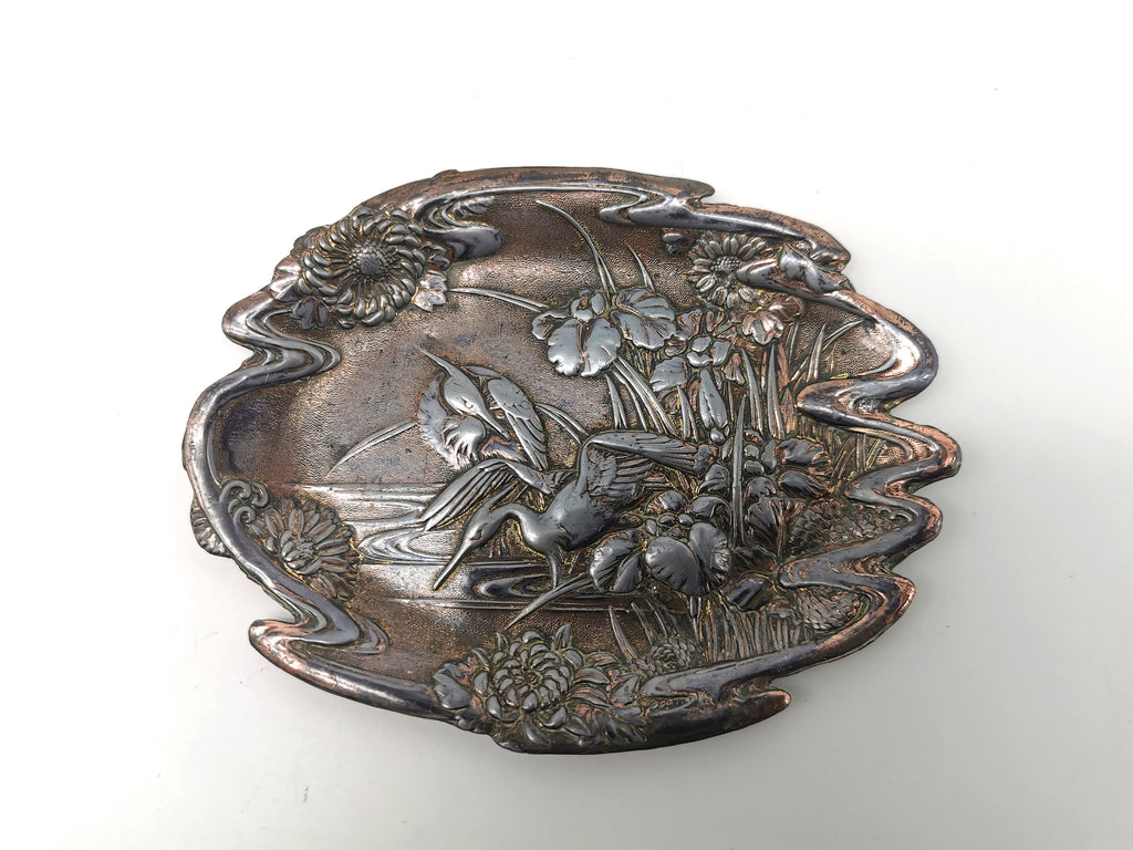 Antique Meiji/Taishō Japanese Antimony Trinket Tray – Cranes and Iris Relief