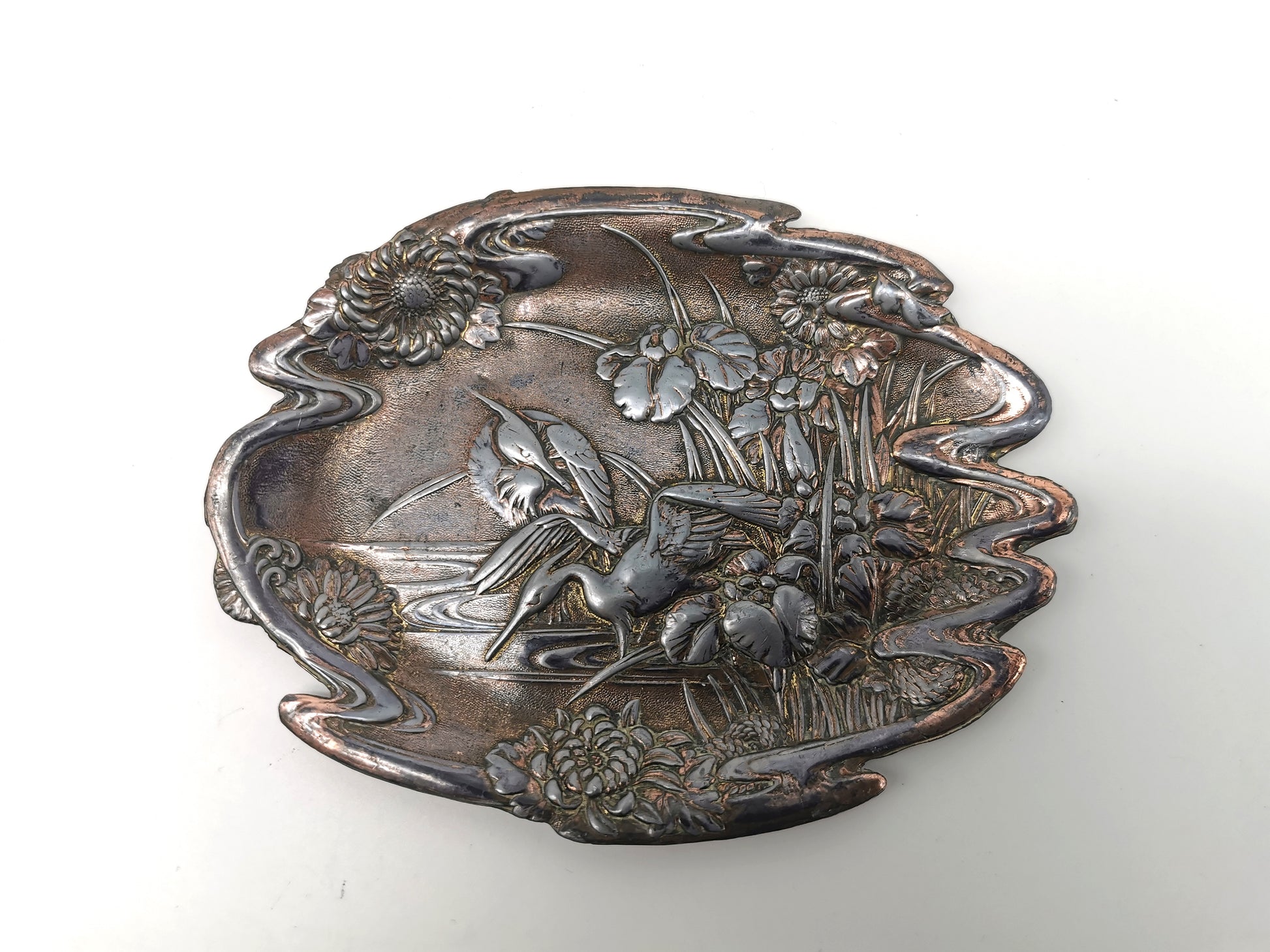 Antique Meiji/Taishō Japanese Antimony Trinket Tray – Cranes and Iris Relief