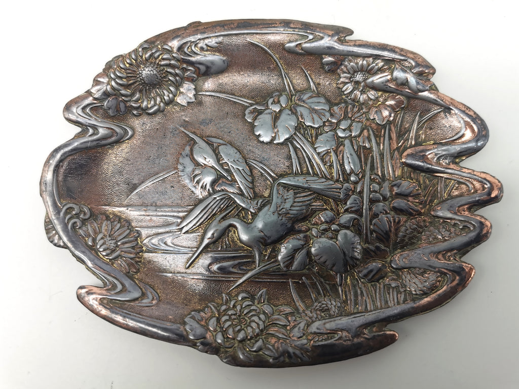 Antique Meiji/Taishō Japanese Antimony Trinket Tray – Cranes and Iris Relief