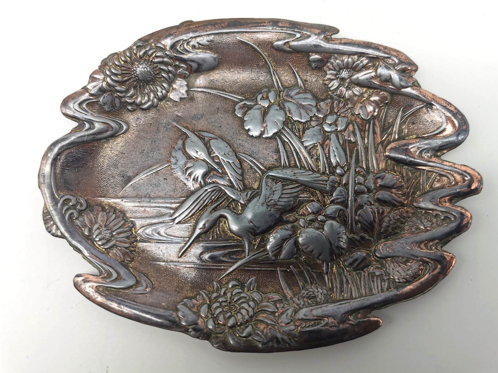 Antique Meiji/Taishō Japanese Antimony Trinket Tray – Cranes and Iris Relief