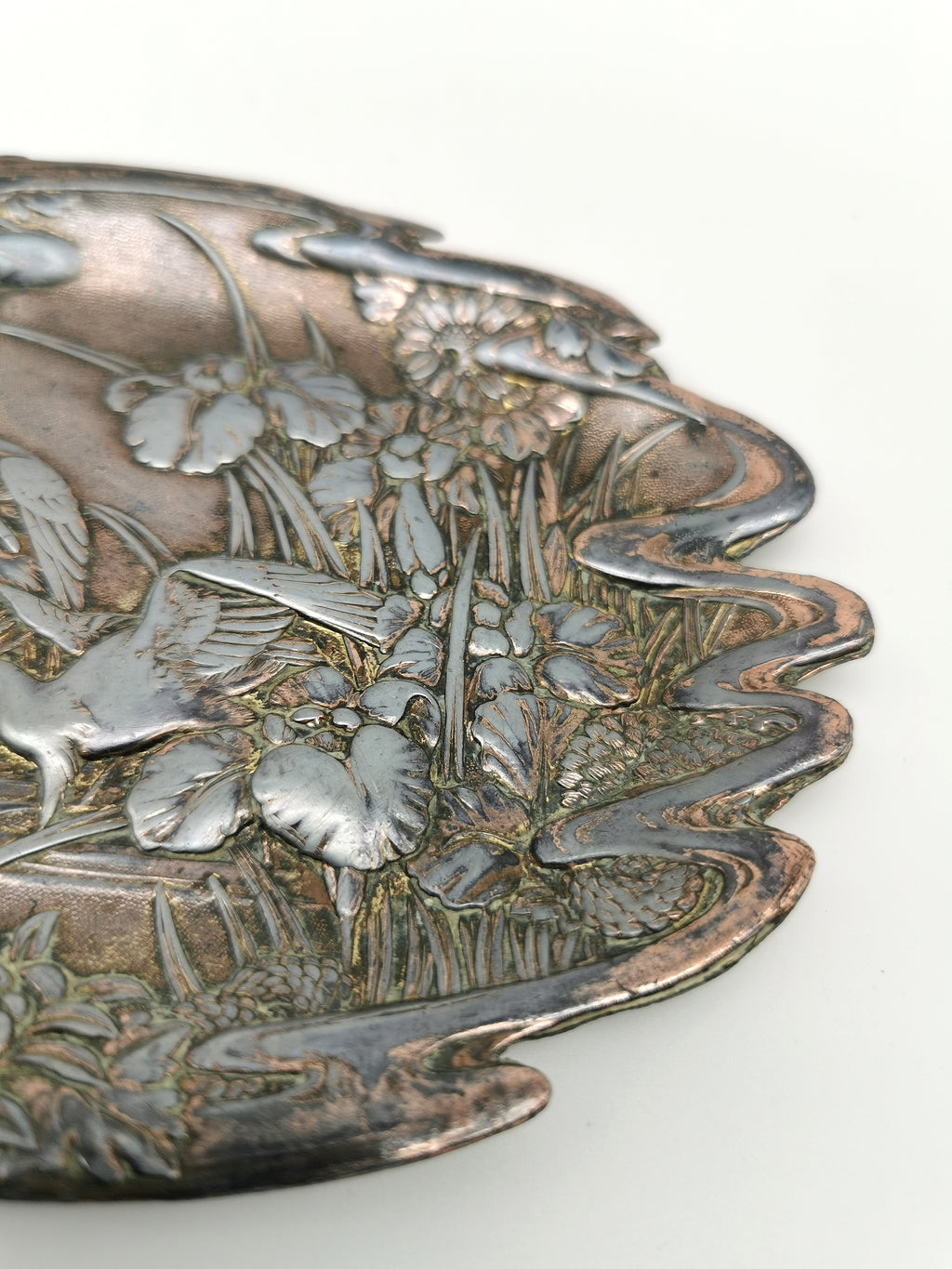Antique Meiji/Taishō Japanese Antimony Trinket Tray – Cranes and Iris Relief