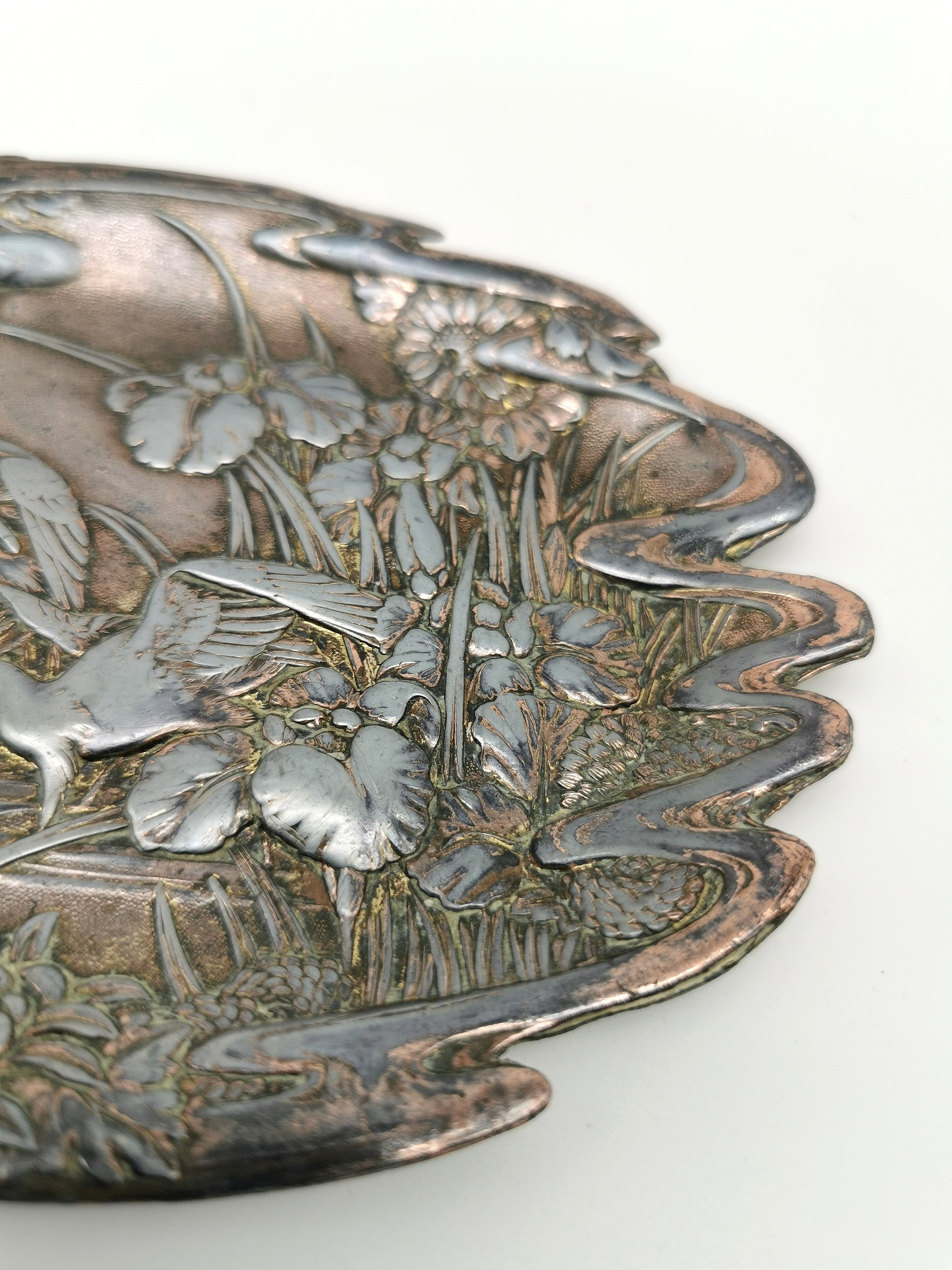 Antique Meiji/Taishō Japanese Antimony Trinket Tray – Cranes and Iris Relief
