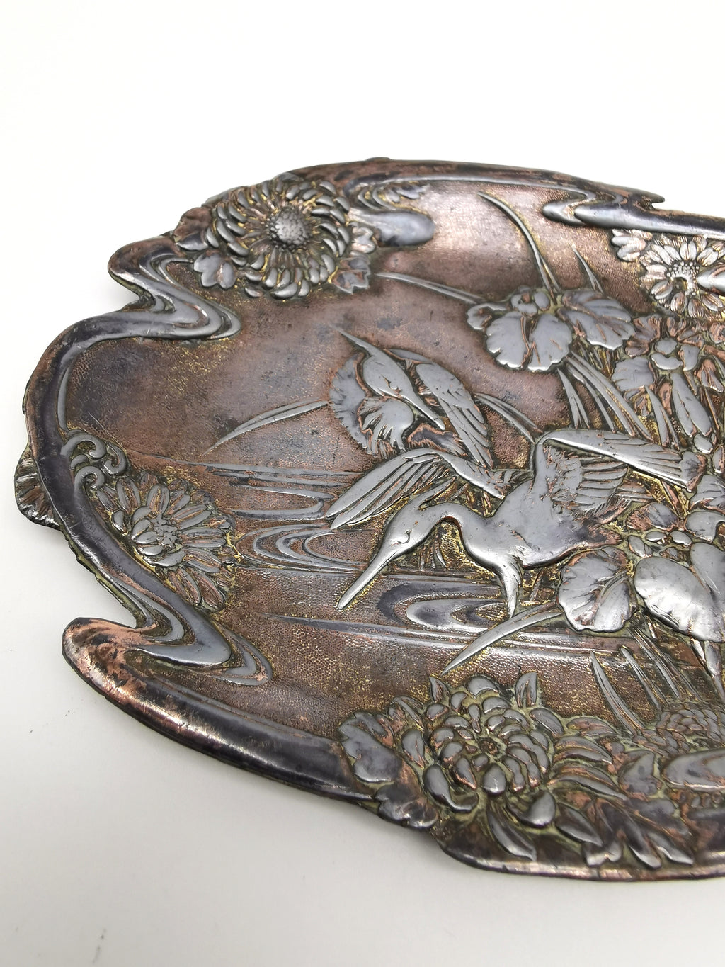 Antique Meiji/Taishō Japanese Antimony Trinket Tray – Cranes and Iris Relief