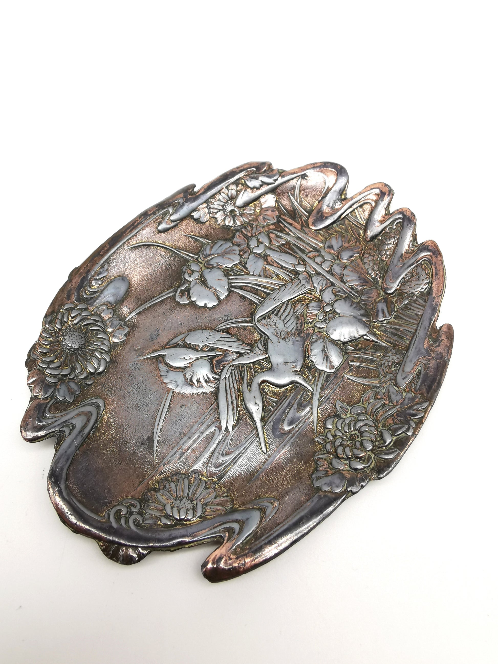 Antique Meiji/Taishō Japanese Antimony Trinket Tray – Cranes and Iris Relief