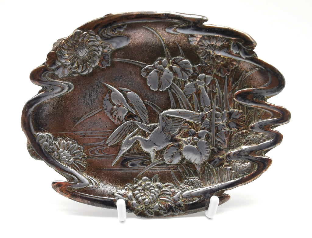 Antique Meiji/Taishō Japanese Antimony Trinket Tray – Cranes and Iris Relief