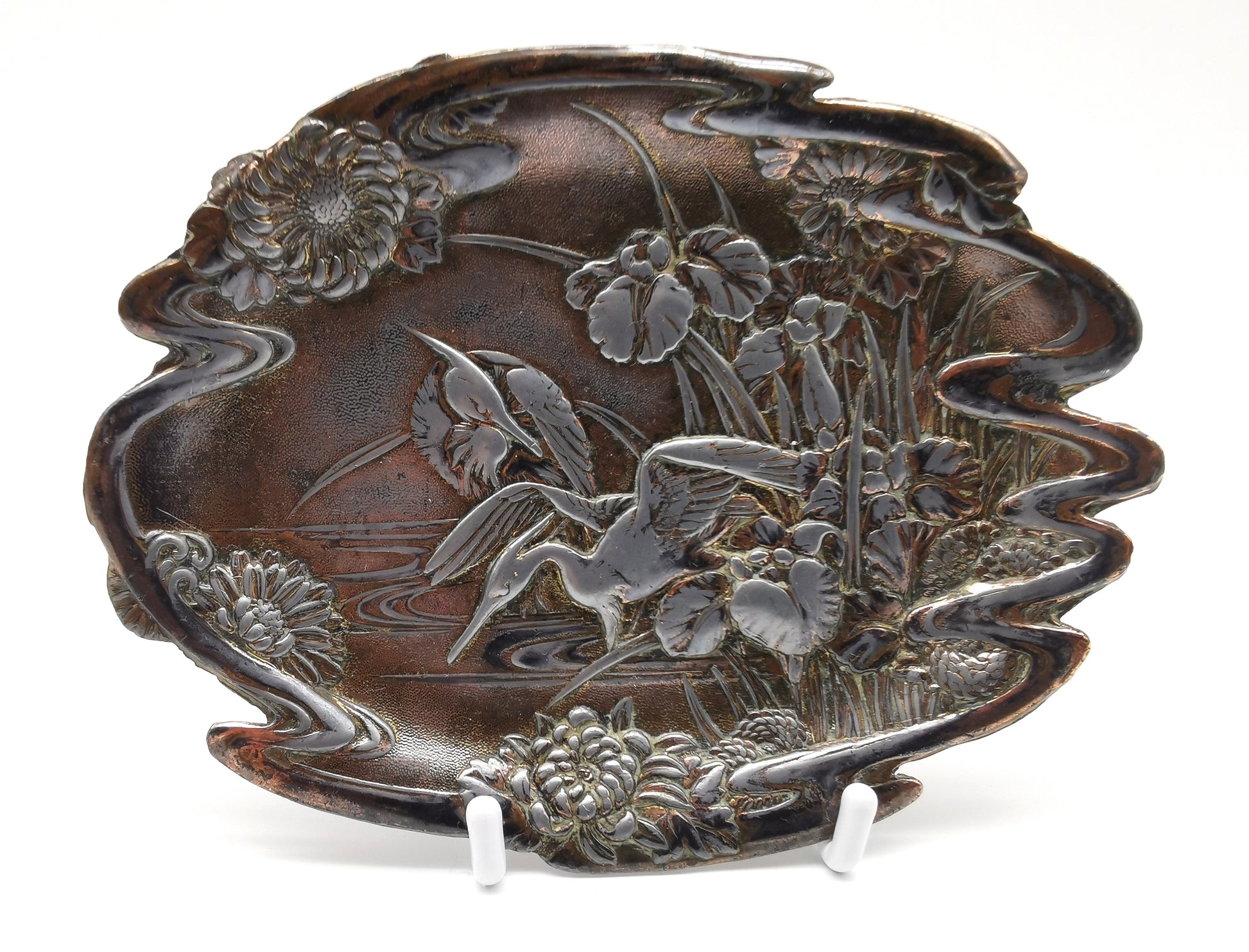 Antique Meiji/Taishō Japanese Antimony Trinket Tray – Cranes and Iris Relief