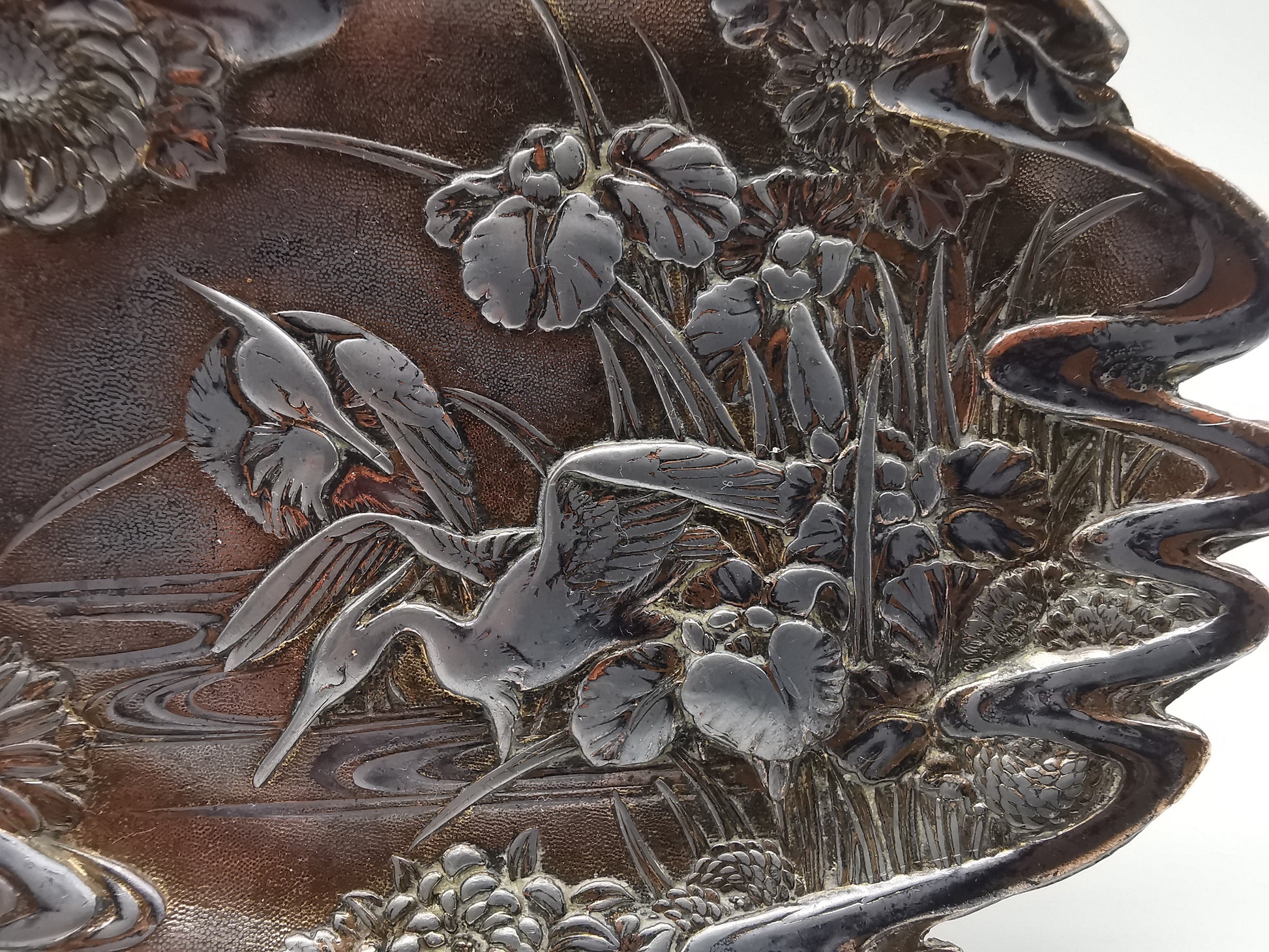 Antique Meiji/Taishō Japanese Antimony Trinket Tray – Cranes and Iris Relief