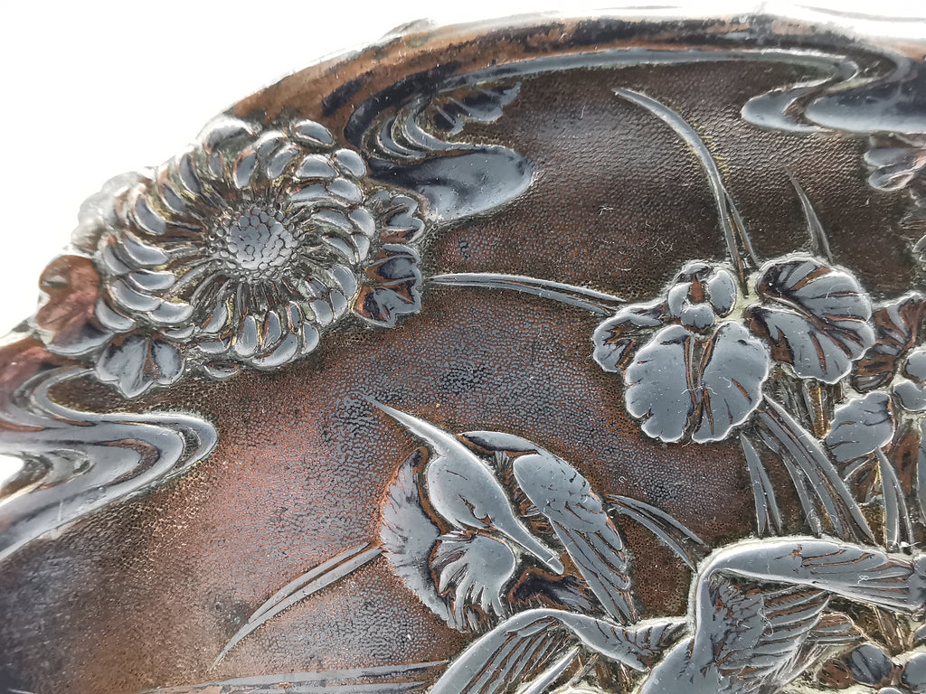 Antique Meiji/Taishō Japanese Antimony Trinket Tray – Cranes and Iris Relief